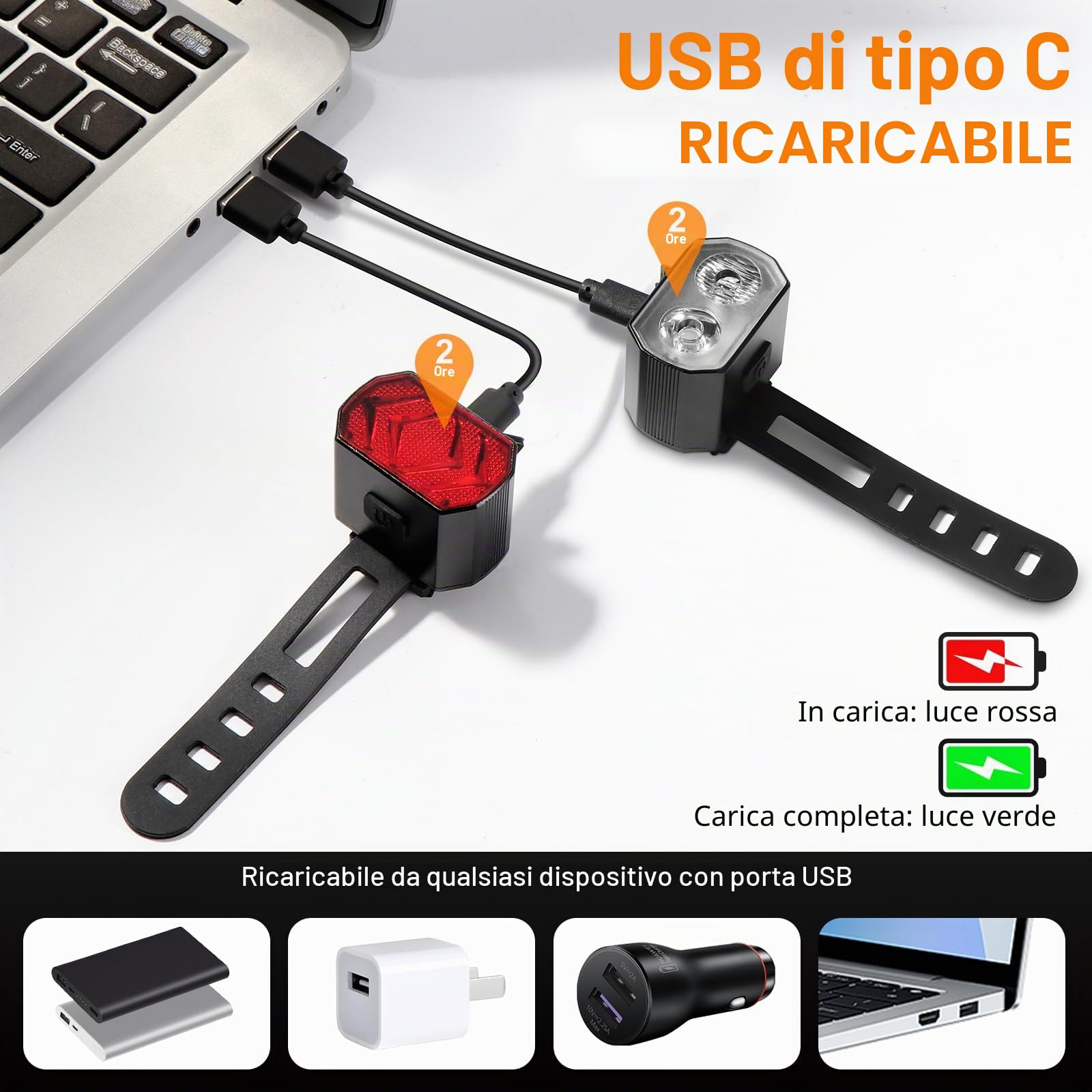 Vinabo Kit Luci Bicicletta - Faro e Fanale Posteriore, Ricarica USB, Impermeabile IPX6, 6 Modalità di illuminazione, Leggero e Resistente, Adatto a Tutte le Biciclette e a Varie Condizioni di Guida