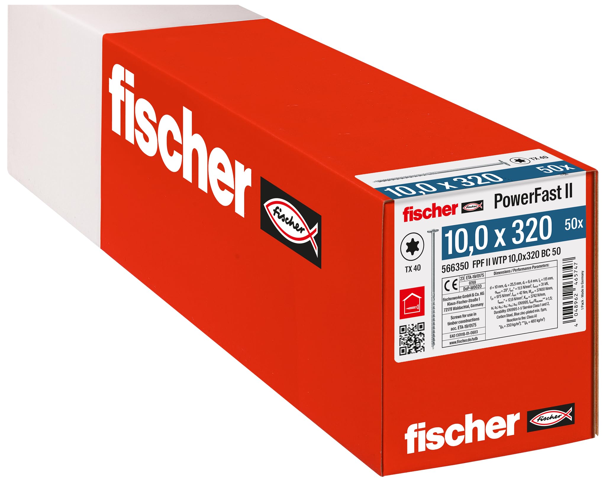 fischer PowerFast II WTP 10,0 x 320 - Tornillo potente para construcción de madera con cabeza de plato, alojamiento de estrella interior y rosca parcial, para construcción de madera constructiva, 50