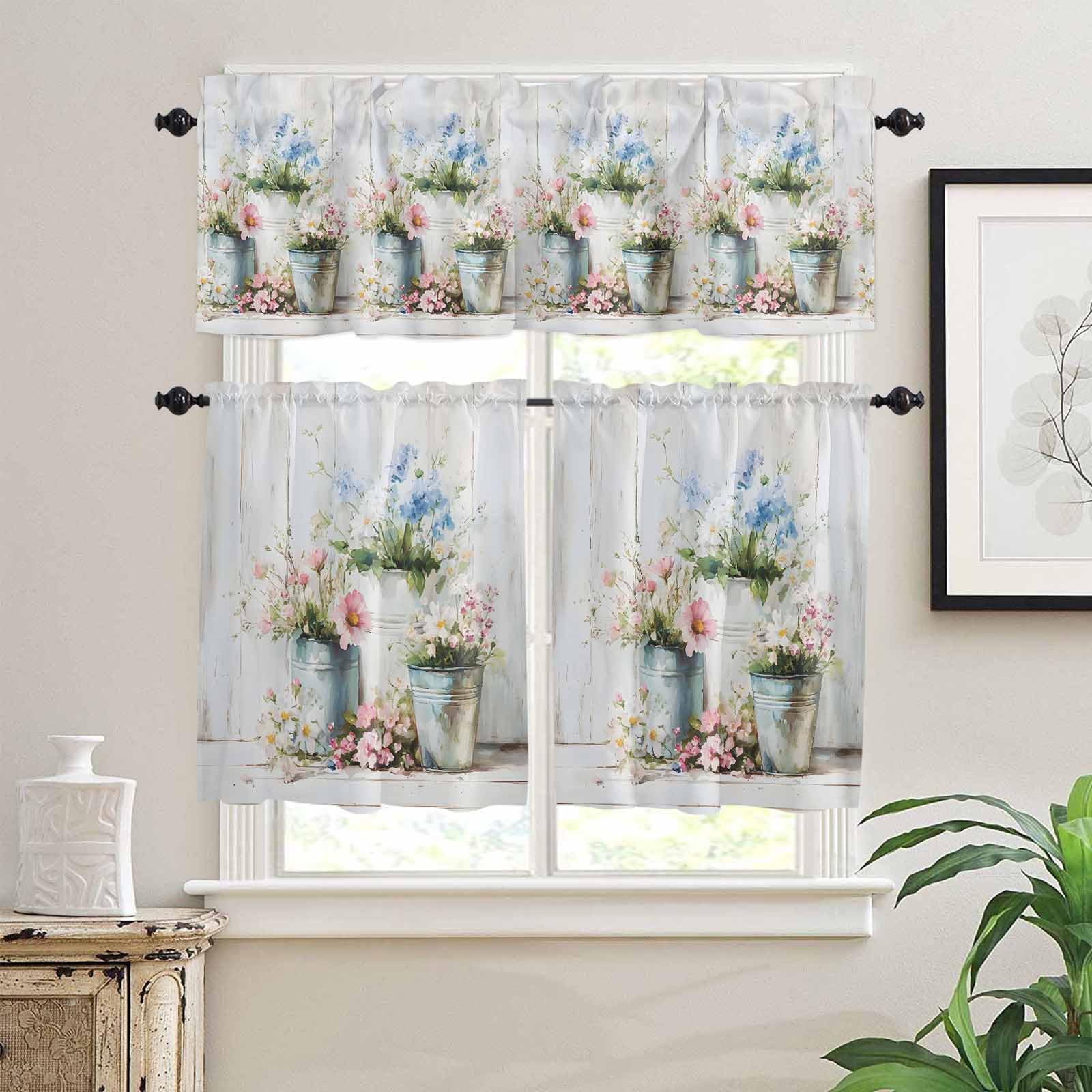 Daisies Flowers Kitchen Curtains 36 Inch Length,3 Piece Rod Pocket Small Half Tiers and Valance Set,Pink Blue Floral Farm Plant Wooden Plank Small Large Window Treatment Decor for Bedroom/Bathroom