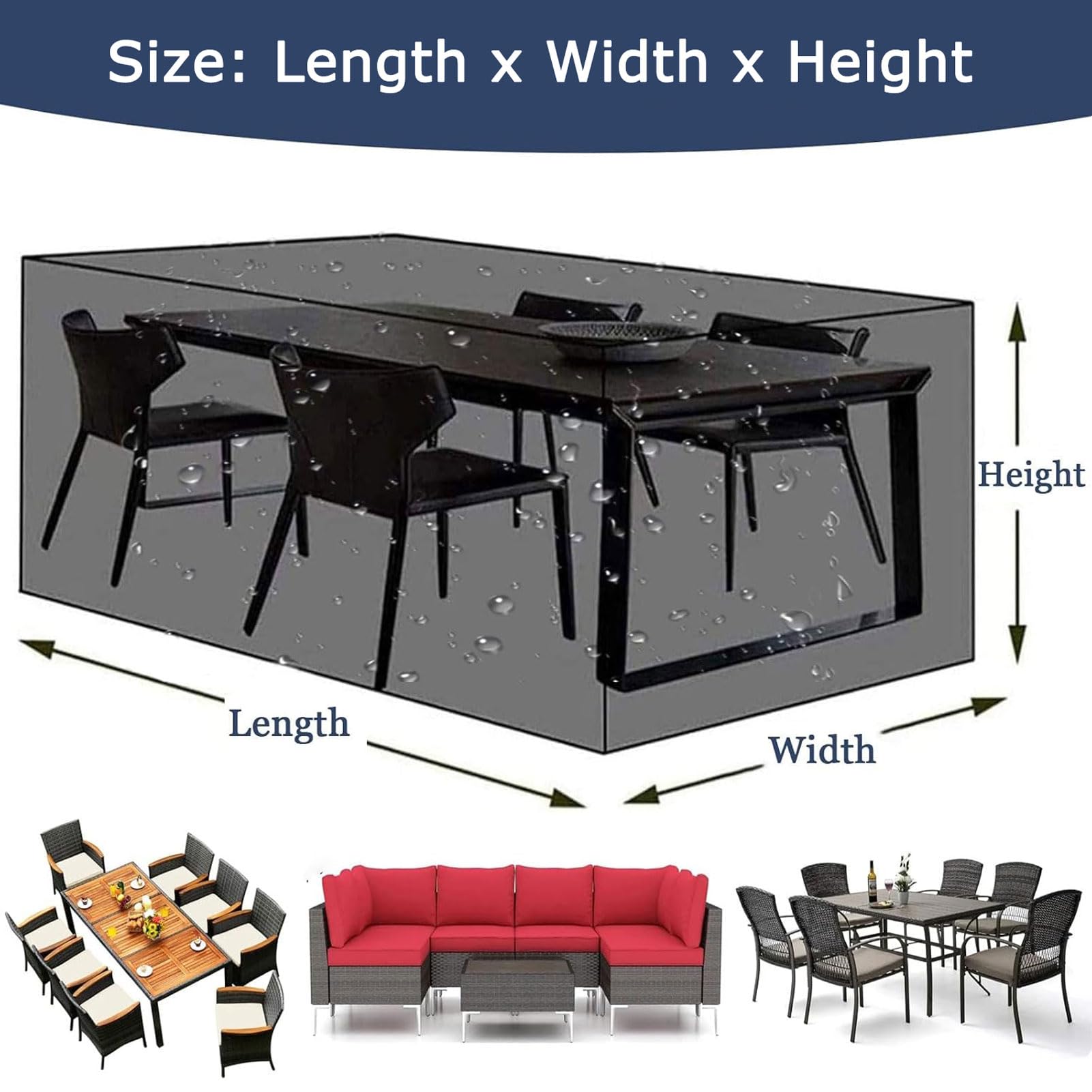 Copertura rettangolare per mobili da giardino, impermeabile, per divani da terrazza, tessuto Oxford resistente, antistrappo, con custodia (diametro 200 x 160 x 70 cm)