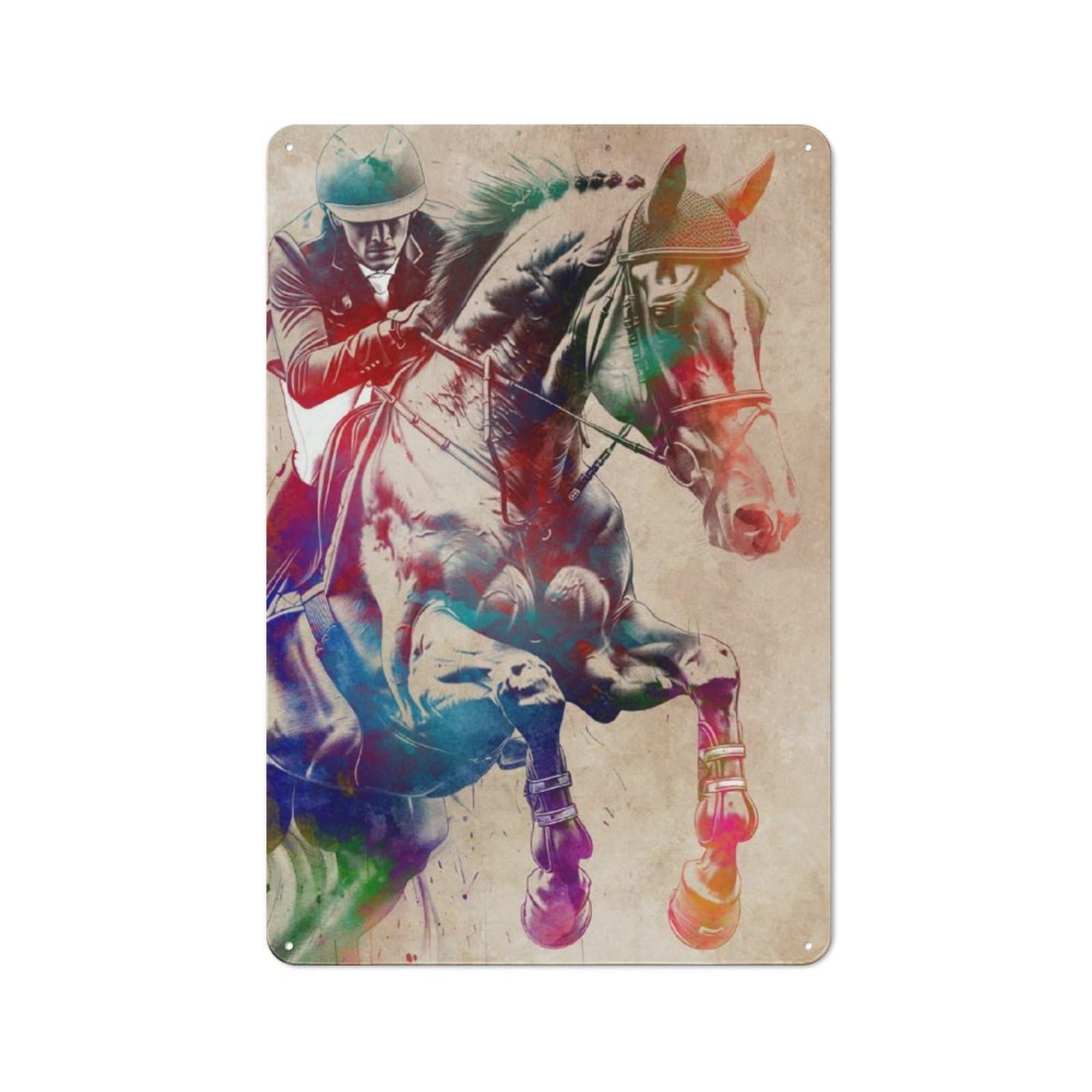 Tin Wall Plaque 30x20cm with Horse Jumping Watercolor for Pub Or Café, for Hospitality Wall Decor Collectors
