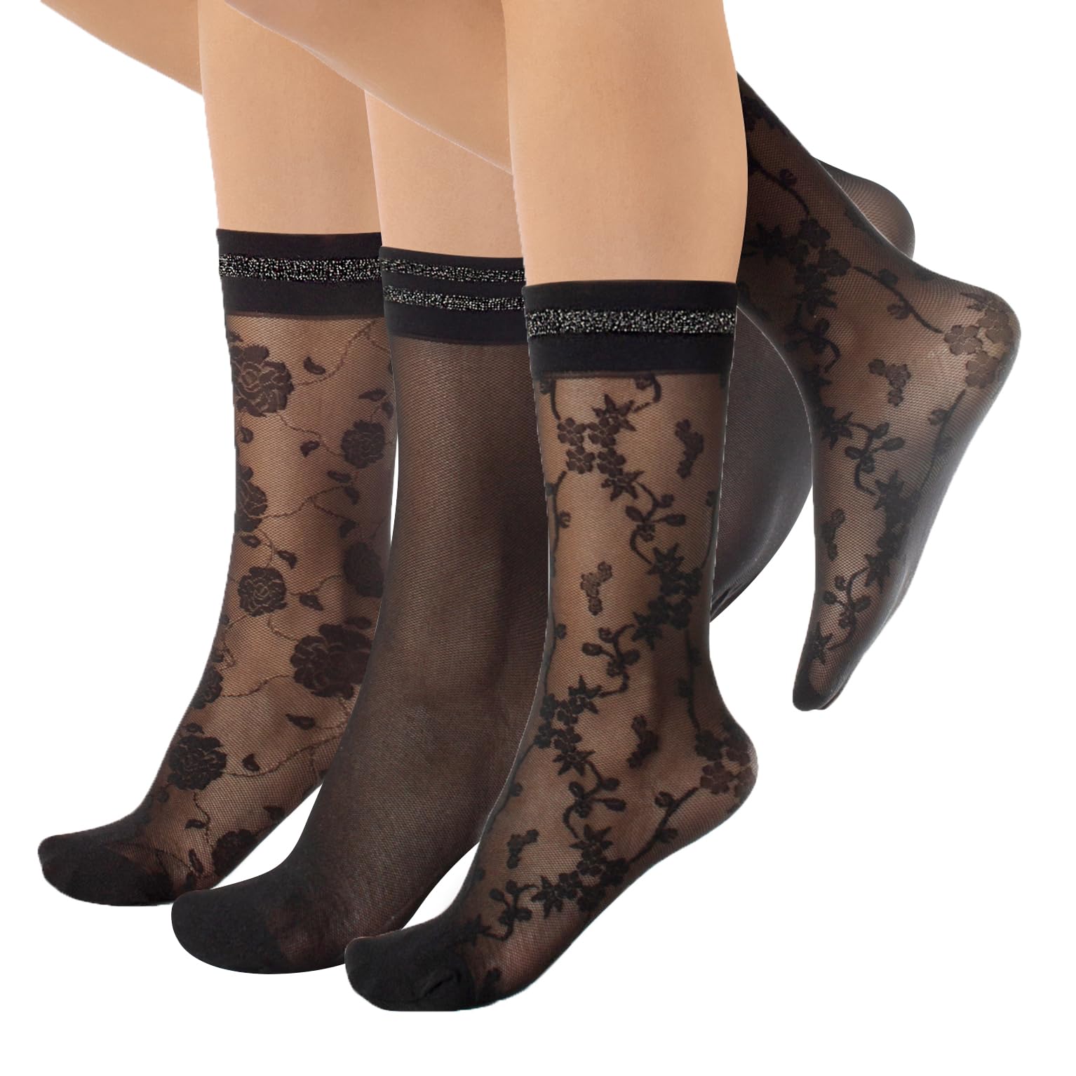 Calzitaly Women's 3 Pairs Floral Pattern Pack 3 Pairs Sheer Socks, Socks, Shiny Socks, Pop Socks, Shimmer Anklets | Black | One Size | 20 Den | Made In Italy (One Size, )