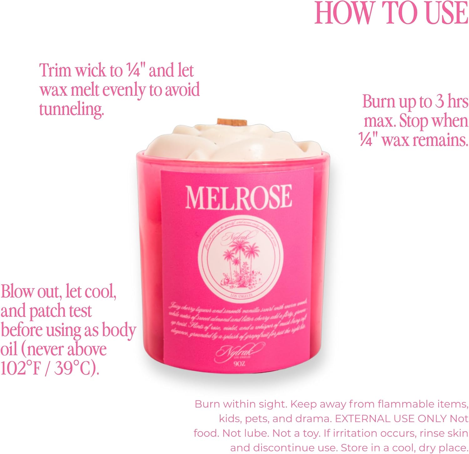 Body Oil Massage Candle | Melts into Skin Softening Warm Massage Oil - Natural Wood Wick - Soy & Coconut Wax – Cherry & Vanilla with Rose Scents - Self Care Gift (Melrose 9oz) - Image 6