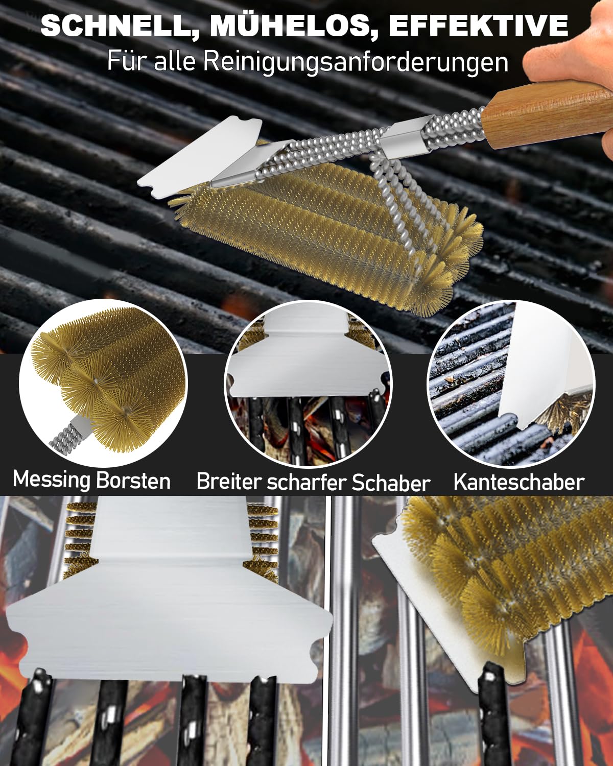 Cepillo para barbacoa de latón, cepillo de limpieza de parrilla, raspador de acero inoxidable, cerdas gruesas de acero inoxidable, mango de madera extralargo de 39 cm, para barbacoa de gas, parrilla