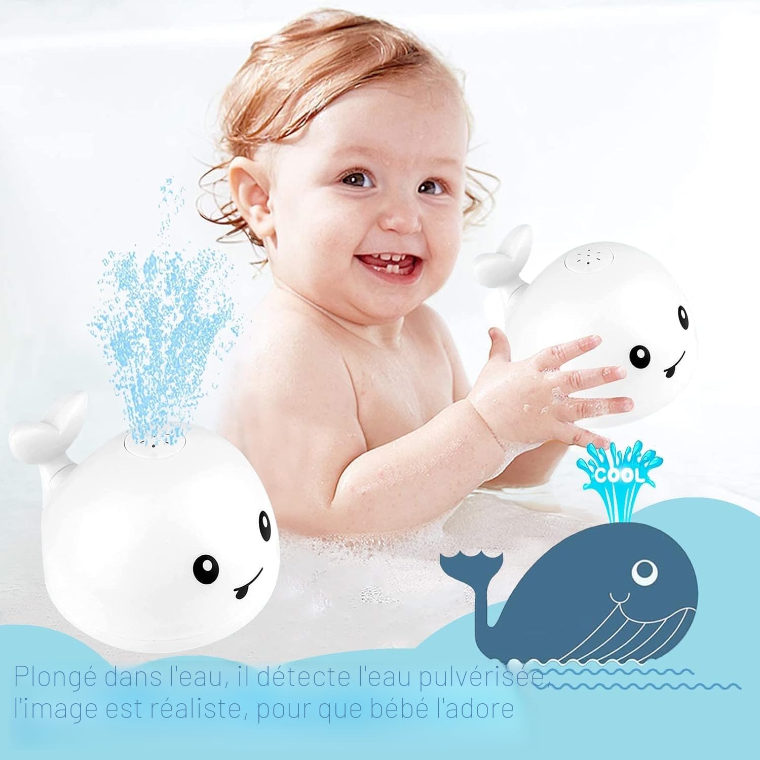 Jouet de bain pour bébé, baleine à jet avec LED - pour enfants et tout-petits (blanc)