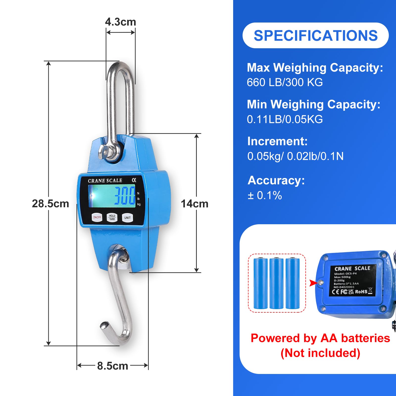 EFUTURETIME Balance Suspendue Numérique 300 KG, Balance À Grue Crochet Électronique en Aluminium avec Capteur Précis LCD Portable pour Chasse, Pêche, Ferme, L'usine, Pesage sur Quai, Bleu