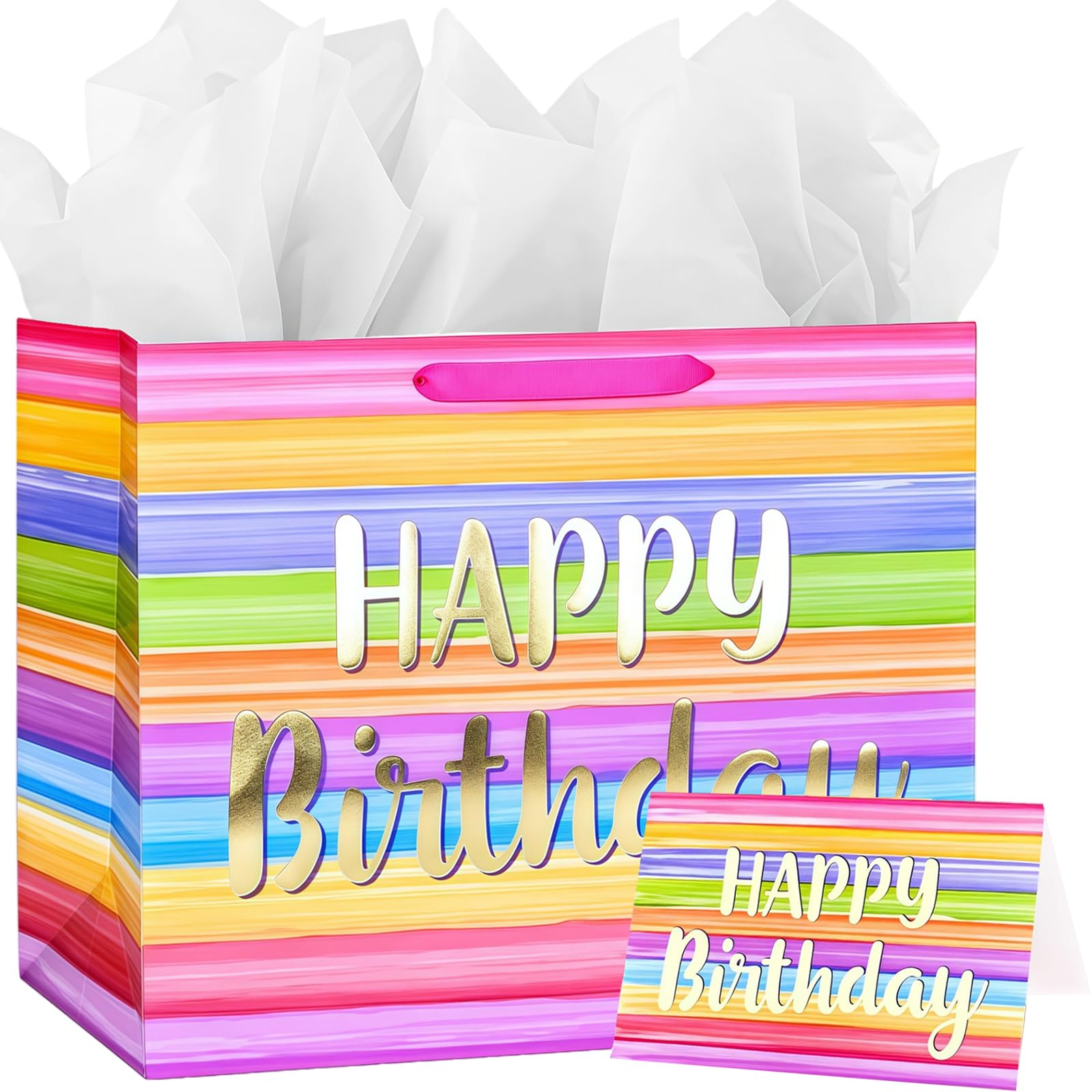 Large Rainbow Gift Bag with 2 Tissue Papers and Greeting Card, Medium Present Bag with Handles, 30 x 12 x 26 cm Birthday Gift Bag for Girls, Kids Party Present Bag