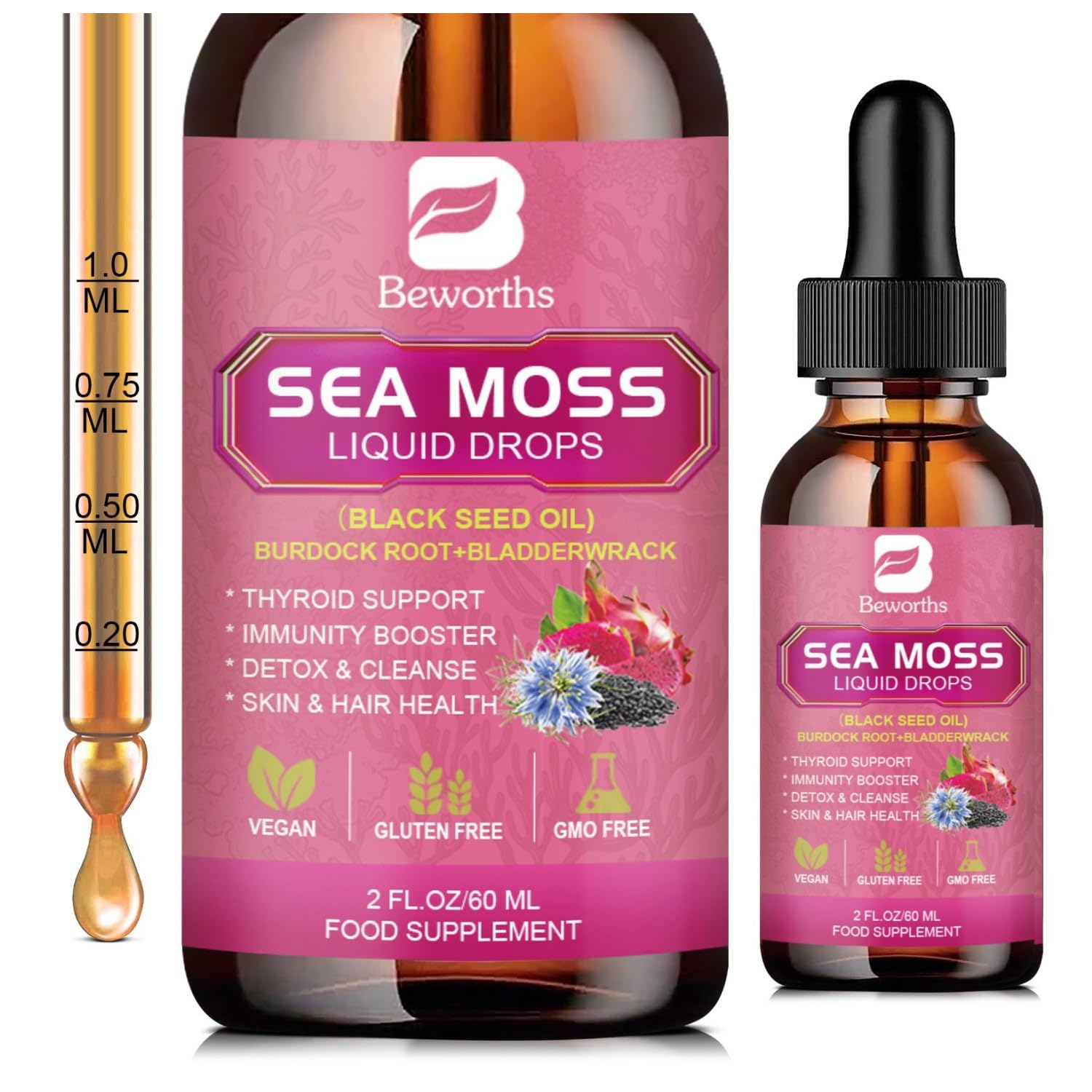 B BEWRTHS Sea Moss Liquid Drops - Black Seed Oil & Irish Sea Moss Gel with Burdock Root Bladderwrack, Elderberry, 6X Stronger Qrganic Seamoss Raw Supplement for Digestive, Hair Health - Vegan, 2 Fl.oz
