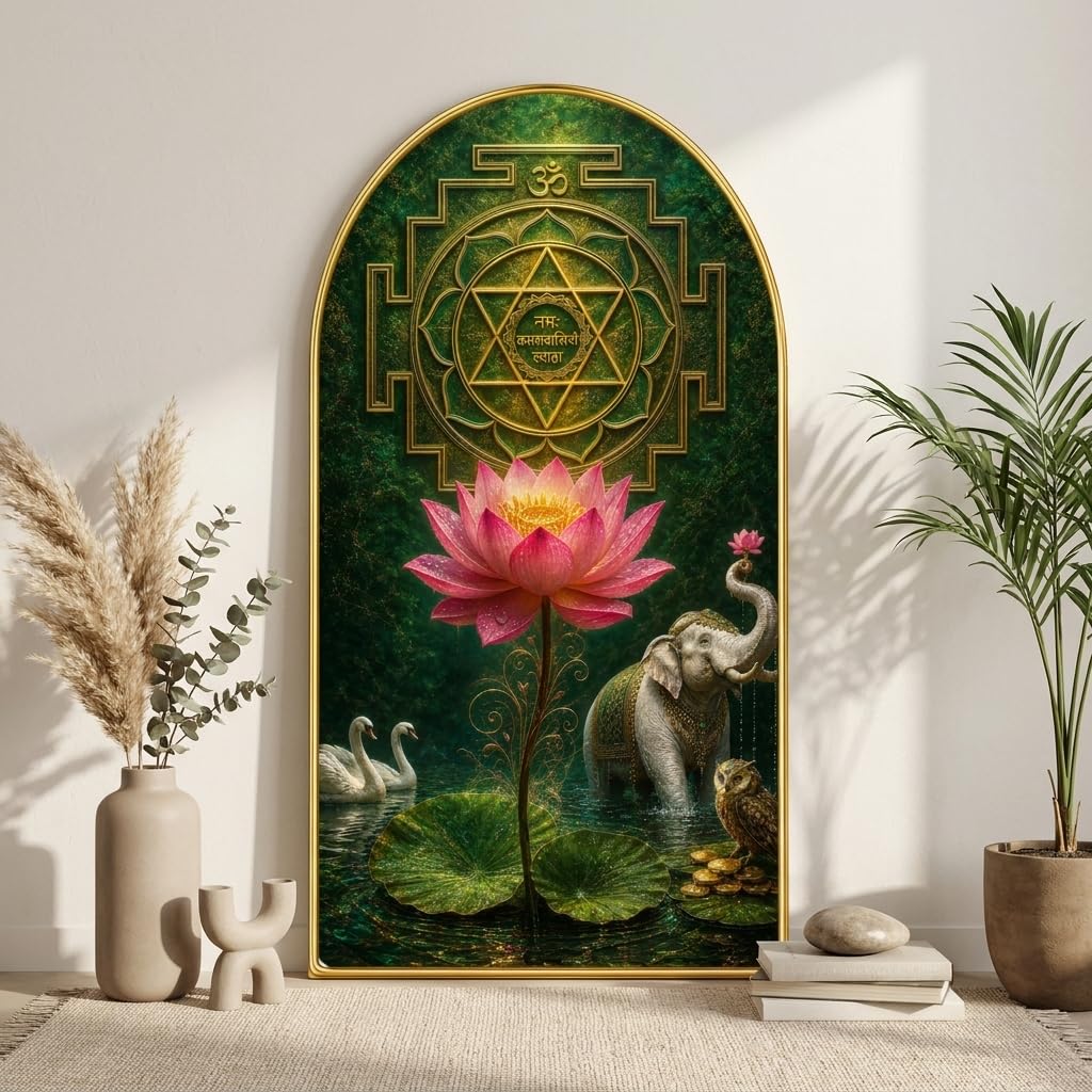 Livin'luxe Shree Yantra Lotus Wall Painting for Living Room, Vastu Spiritual Artwork, PVC Golden Frame, Arch Shape Wall Decor for Pooja Room, Bedroom, Home & Gift (30 x 16 Inch) RPNL-01-109-image-40