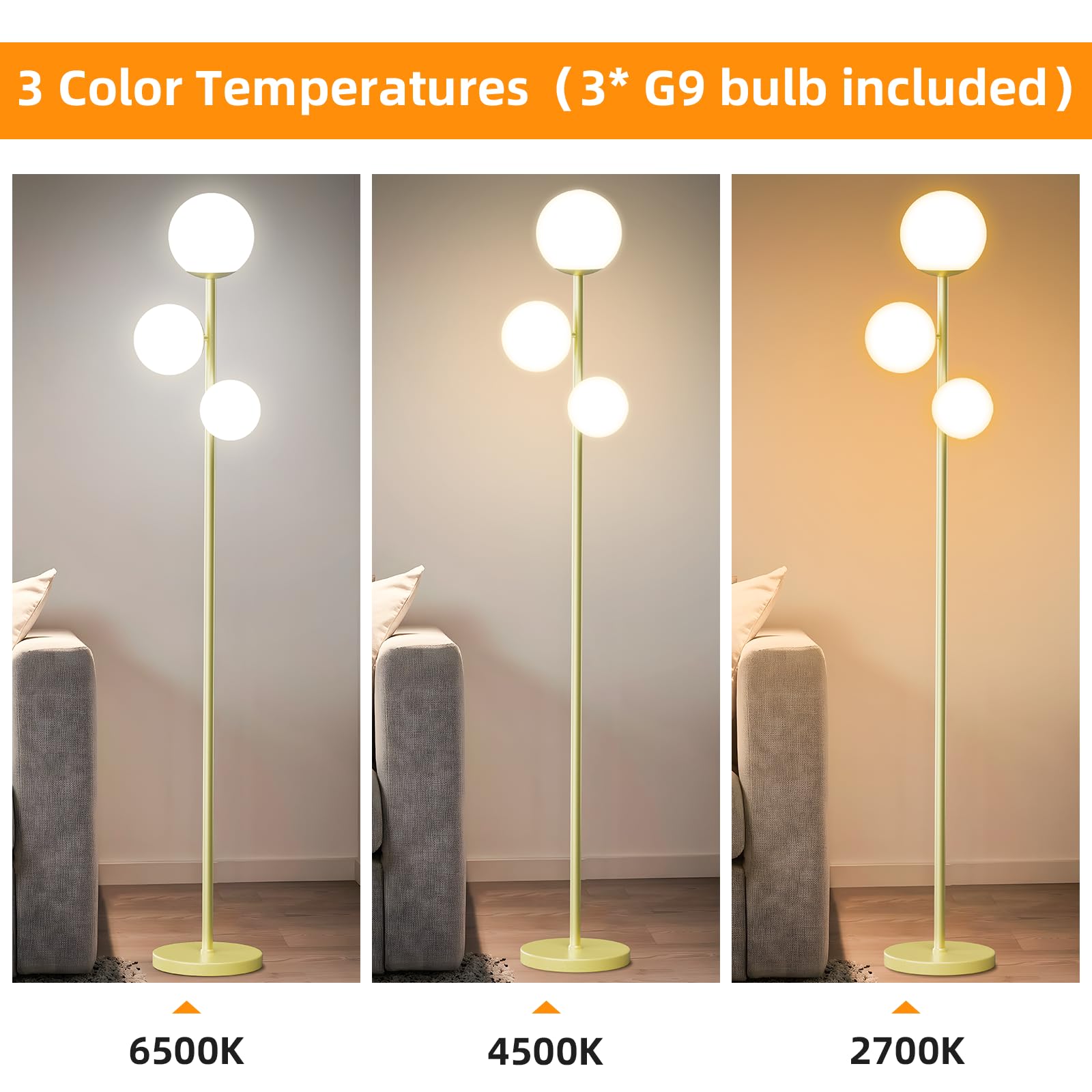 Stehlampe für Wohnzimmer, 18W Modernes Stehlicht mit 3 Farbtemperaturen, Hohe Lampe mit Fußschalter, 3*G9-Glühbirnen|Lampenschirm, Augenschonende Stehlampen für Schlafzimmer Wohnzimmer Büro (Gold)