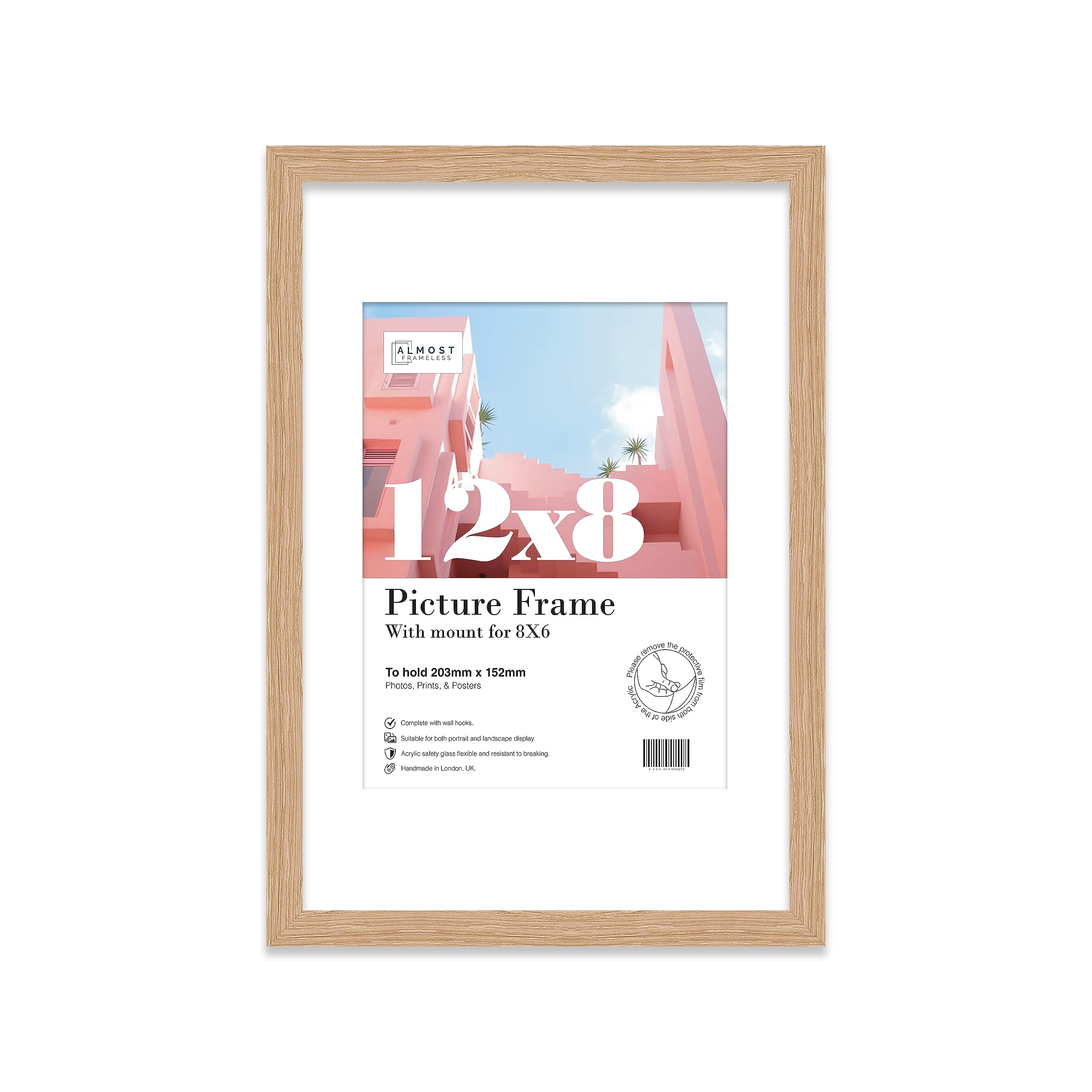 Almost Frameless 12x8 Oak Picture Frame With Mount for 8x6 Print, Poster or Photo Poster, Photo, Artwork, or Print. Thin Edge Slim Frame Portrait and Landscape Display with Wall Hooks