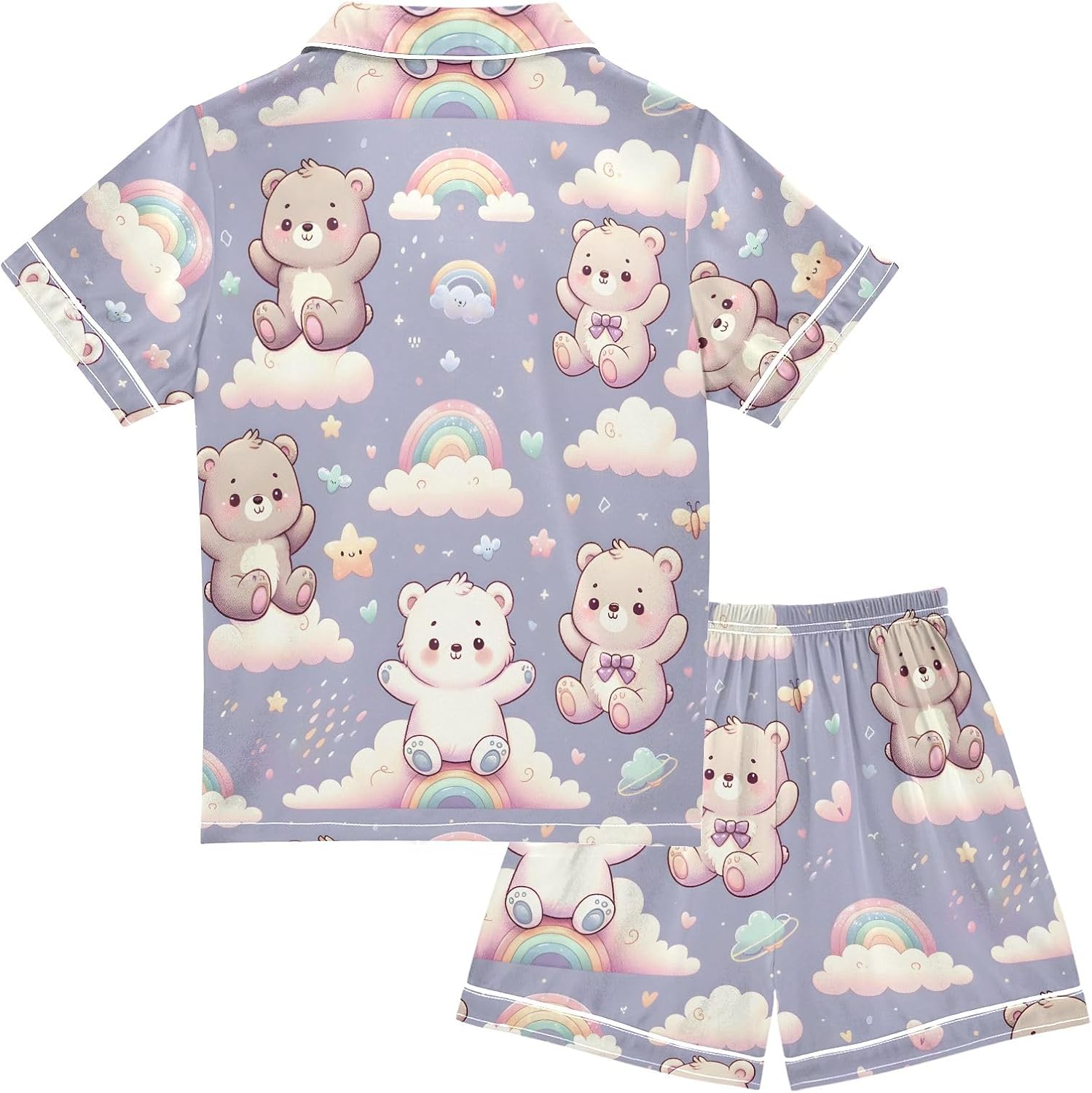 Kids Casual Satin Wear Set Pattern Cartoon Bear with Cute Sky Element Unisex Short Sleeve Clothing for Relaxing