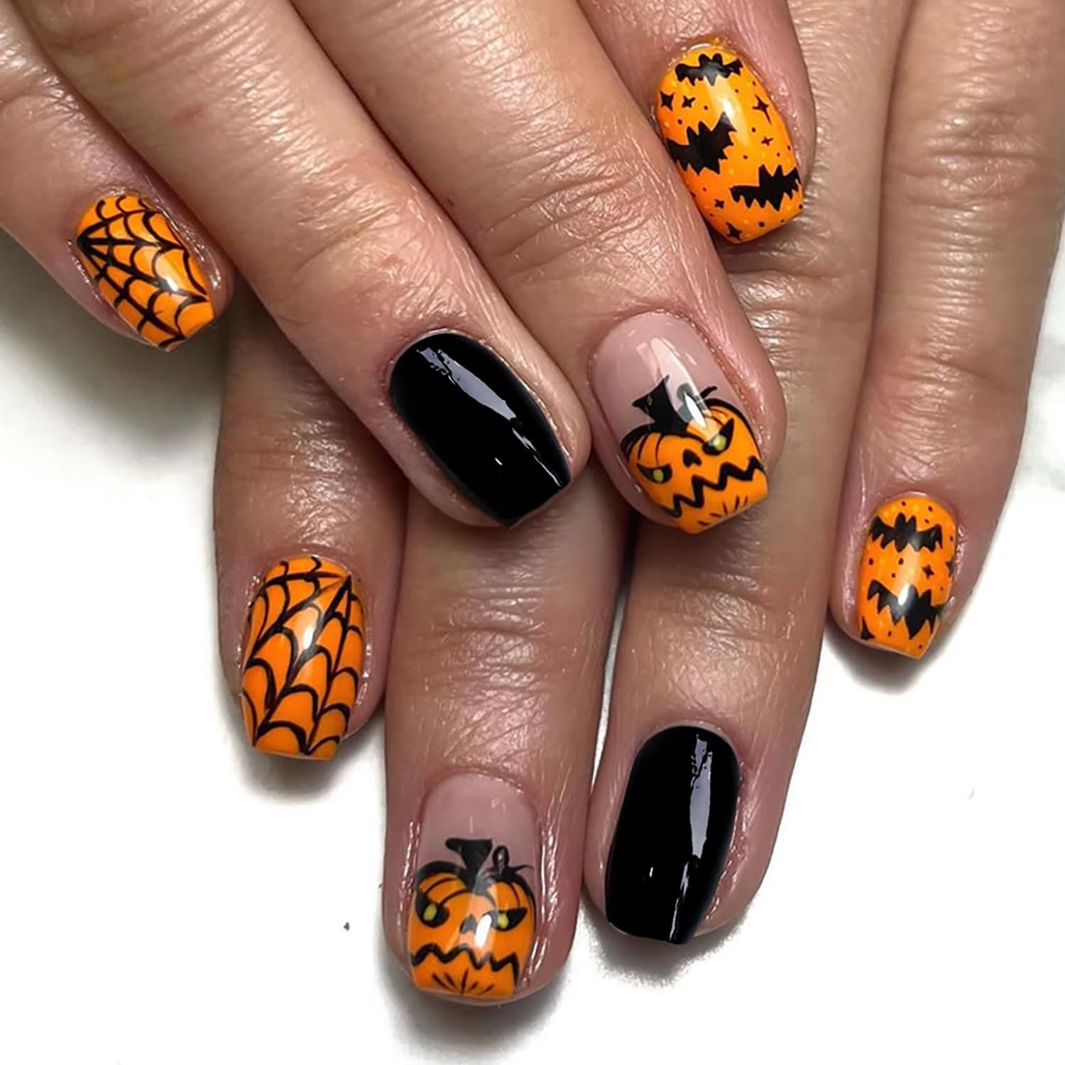 Halloween Nails Black Press on Nails Short Square RIICFDD Fake Nails with Pumpkin Bat and Spider Web Pattern Designs Glossy Full Cover Acrylic Fake Nails for Women Girls Artificial Nails24Pcs