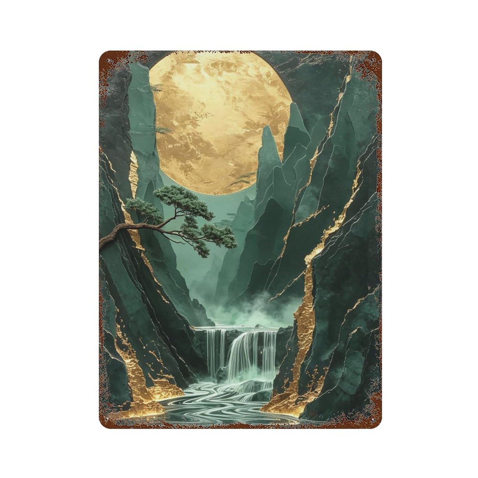 WUJHGRSG Gilded Relief Oriental Pine Golden Moon Waterfall 01 Wall Art Retro Iron Vintage Metal Tin Sign Poster Modern Decor for Home Cofffee Club Bar Shop Style 40x30cm