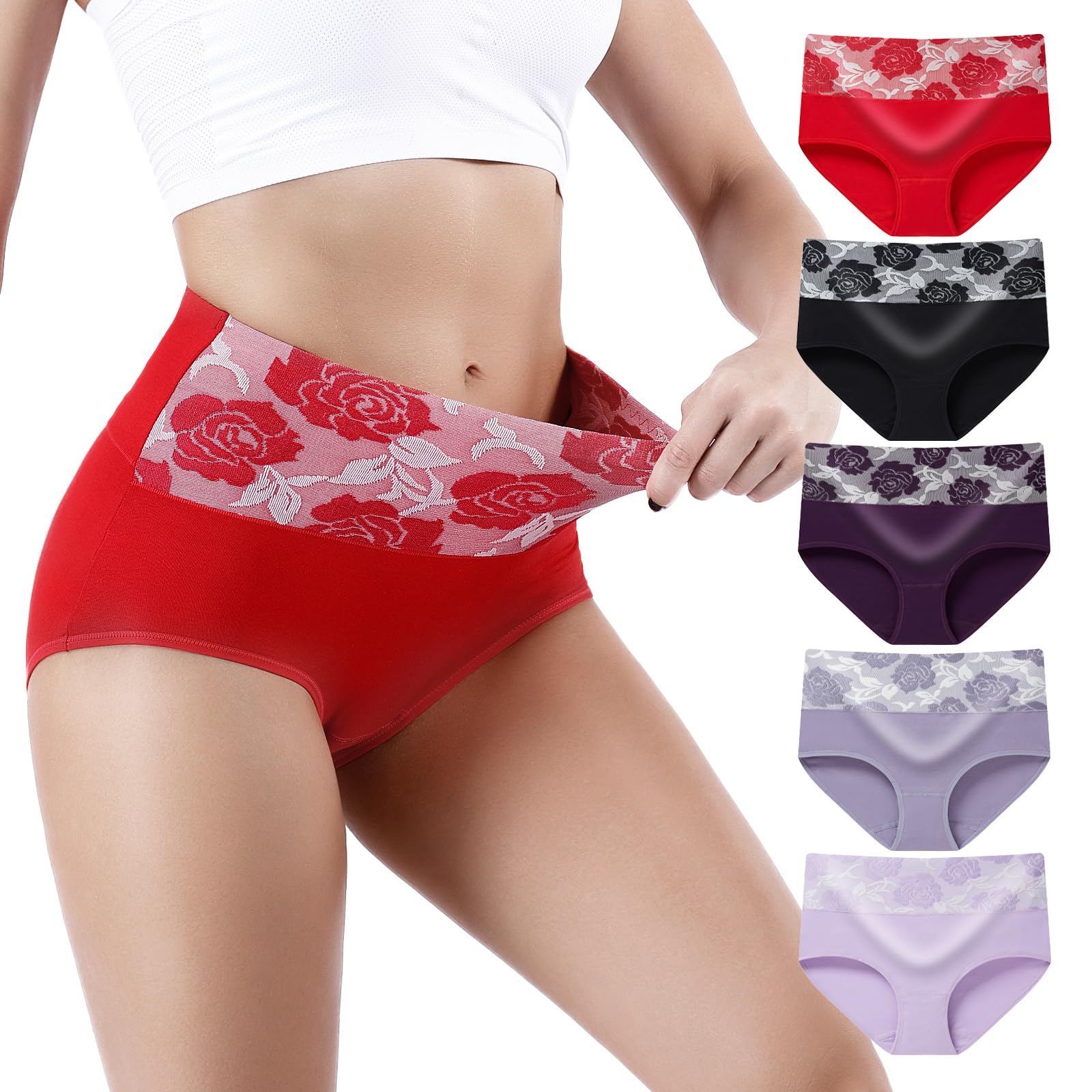 Honzadar Women Underwear Breathable Panties Cotton Tummy Control High Waist Briefs Full Coverage Panty Multipack