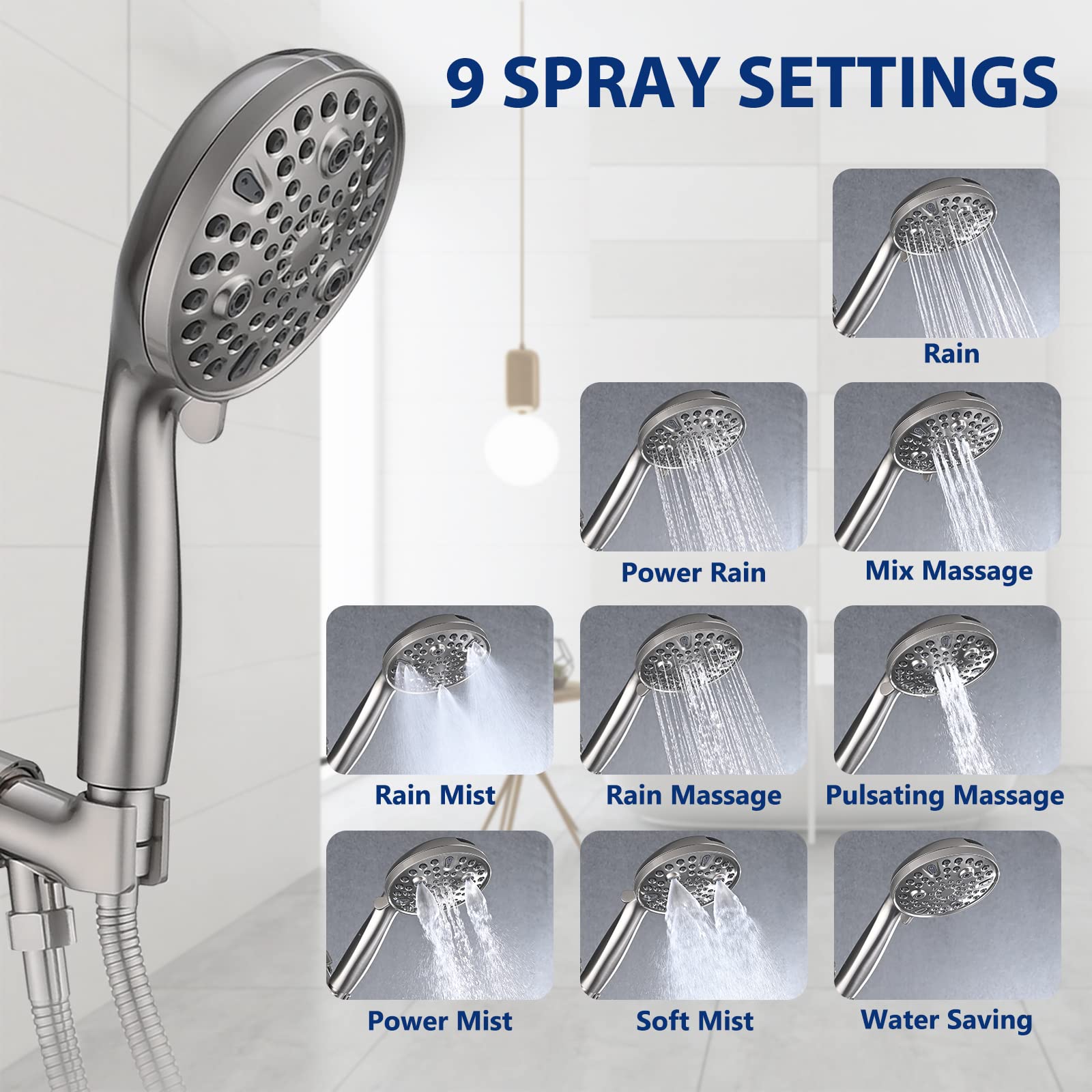 Pommeau de douche à main haute pression à 10 réglages, pulvérisateur de douche amovible de 12,7 cm, tuyau extra long en acier inoxydable de 200,7 cm, support réglable – Nickel brossé