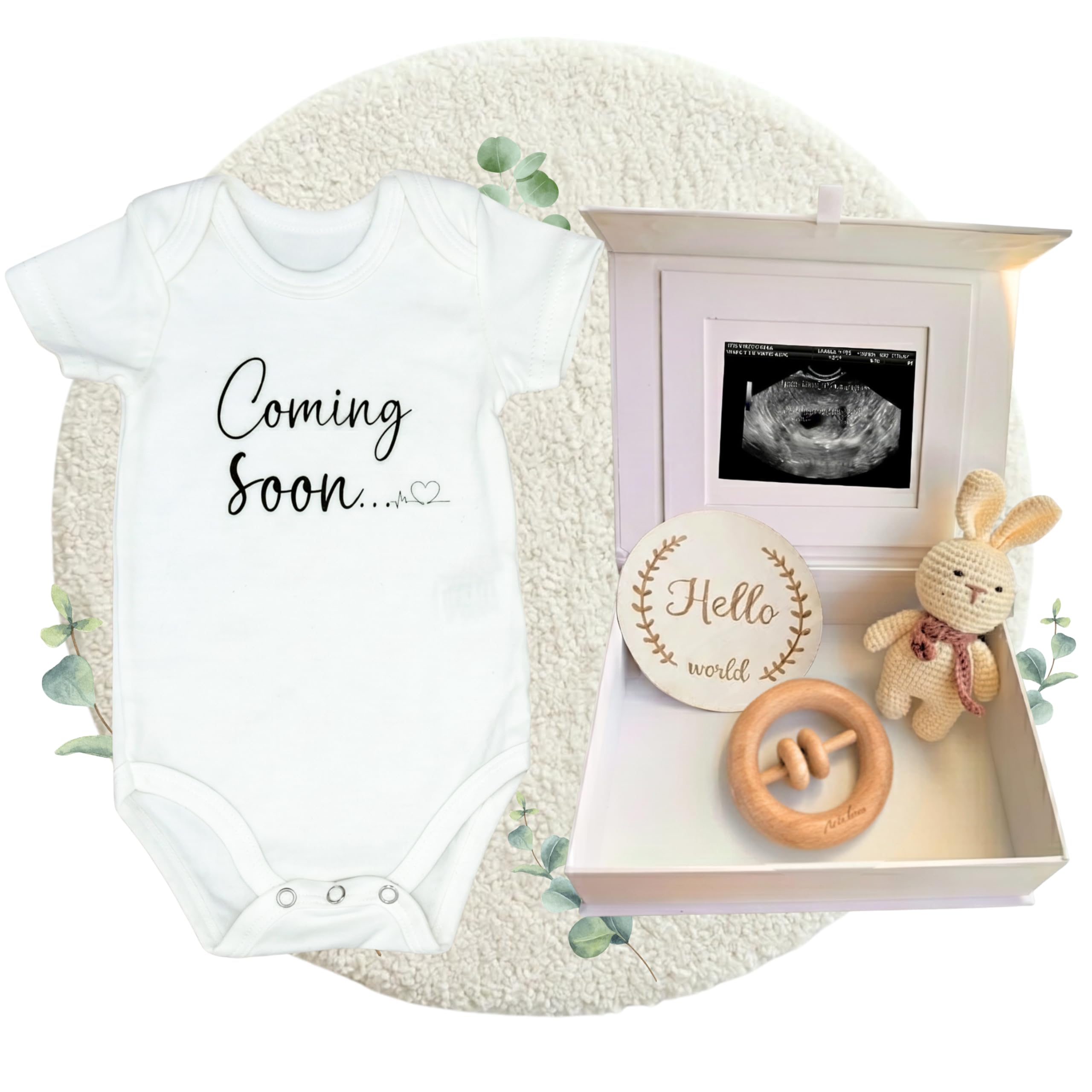 Pregnancy Announcement Onesie – Includes Crochet Bunny, Wood Rattle & Box