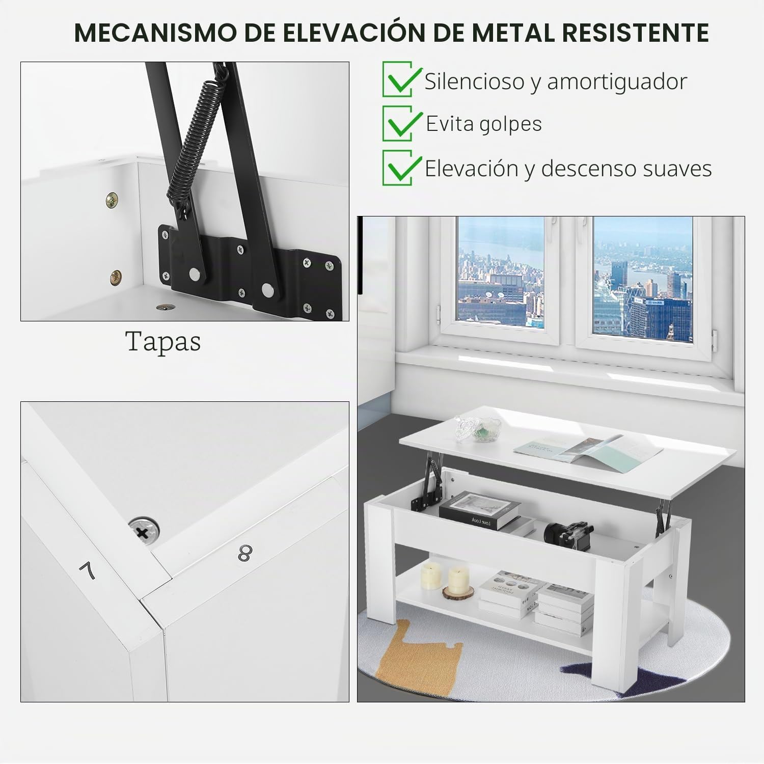 Mesa de Centro Elevable y Extensible, Mesa de Salón o Comedor Mesita Cafe con Almacenaje y Estante Almacenamiento Oculto Modernos Blanco 98x50x(42-56) cm