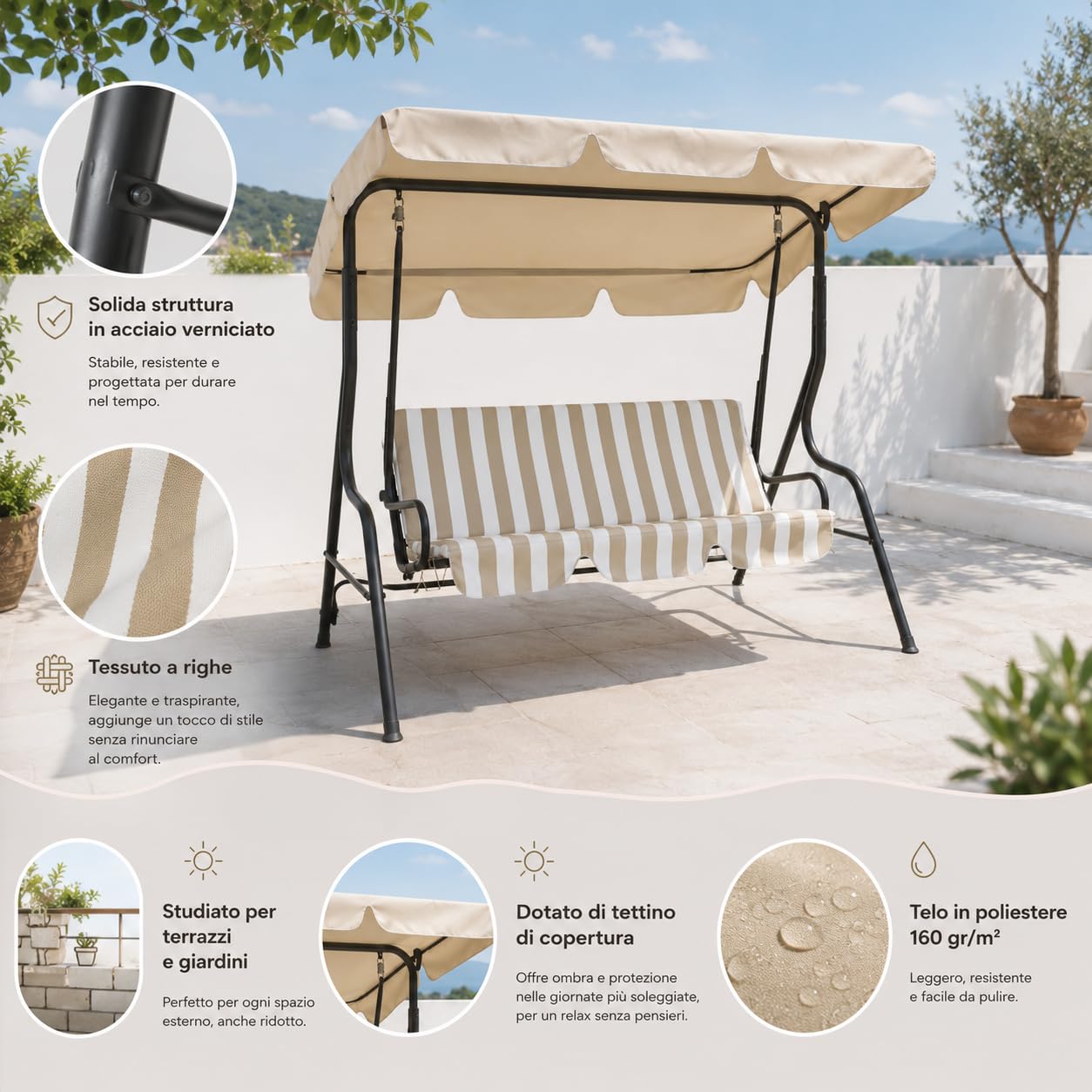 Dondolo da Giardino in Acciaio con Tetto 170x110x153 cm
