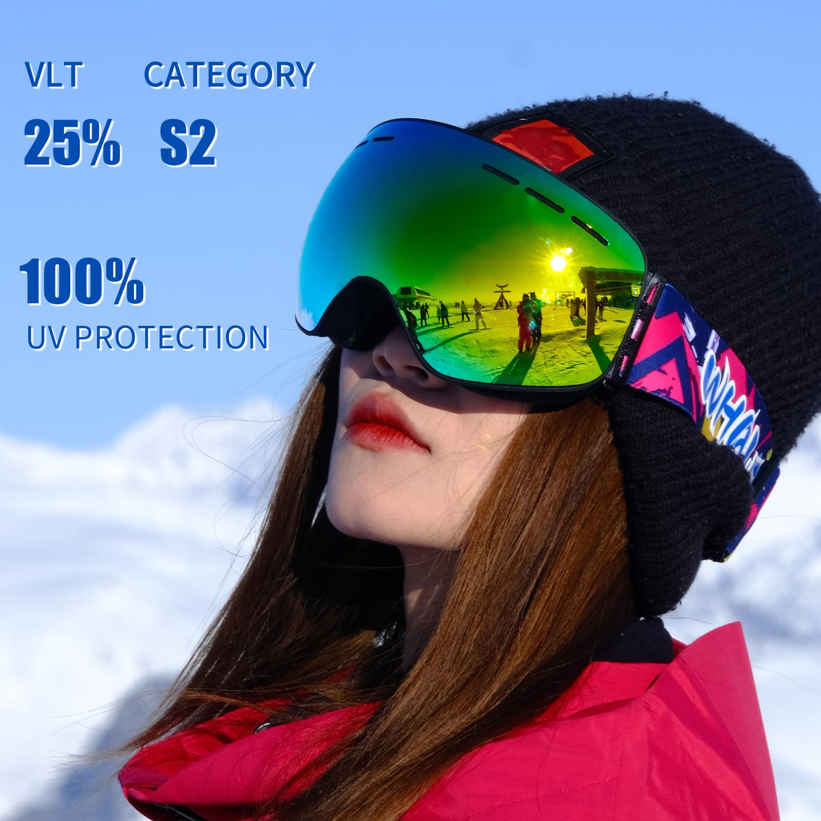 Whale Lunettes de ski OTG anti-buée sans monture pour homme, femme et jeune – Protection UV à 100 %