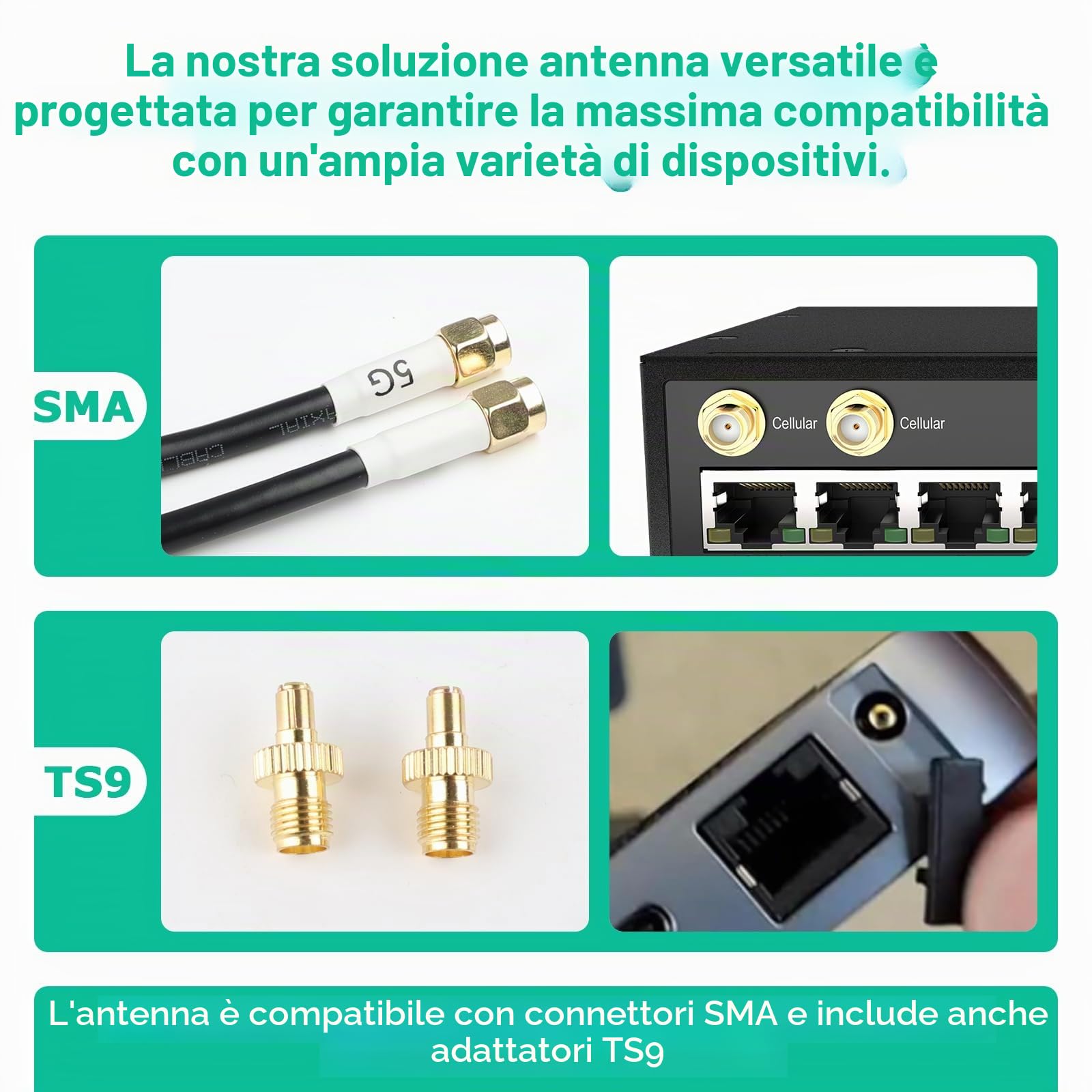 4G LTE 5G Antenna esterna Mimo Omnidirezionale 600-6000 MHz | Spina SMA TS9 adattatore guadagno fino a 5 dBi 2 x 5 metri cavo adatto 5G 3G 4G LTE Router Modem