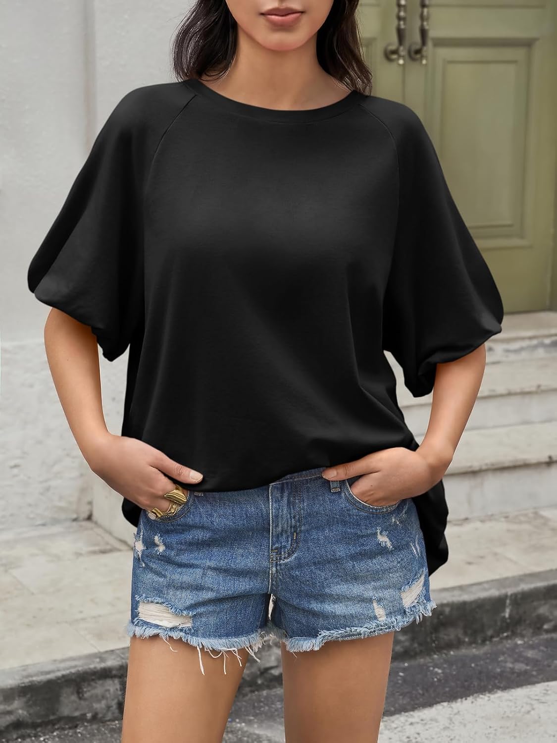 Tankaneo Womens Oversized Puff Short Sleeve T Shirt Summer Casual Crew Neck Tunic Tops Loose Fit Basic Tees - Image 2