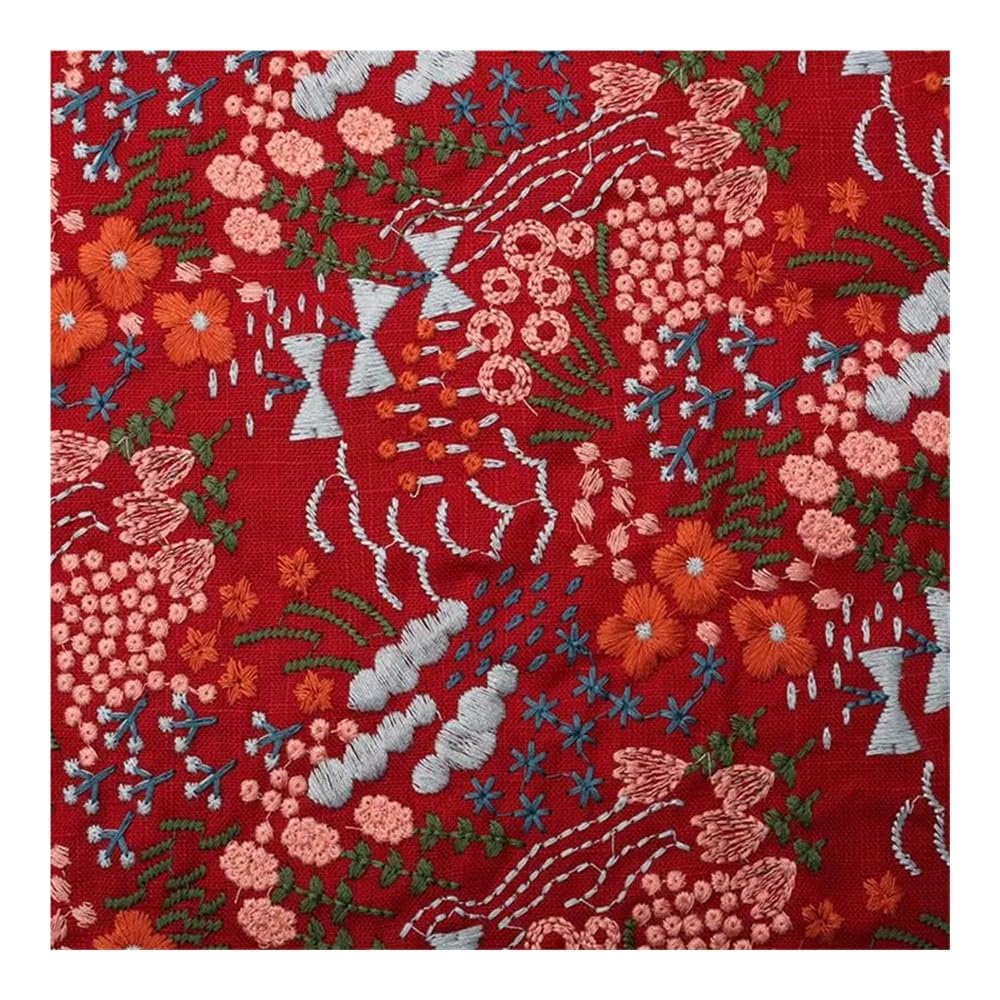 Kwiatowa haftowana bawełniana tkanina lniana bawełniana tkanina do szycia sukienka odzież tkanina (beżowy, 45 cm x 125 cm (0,5 metra)