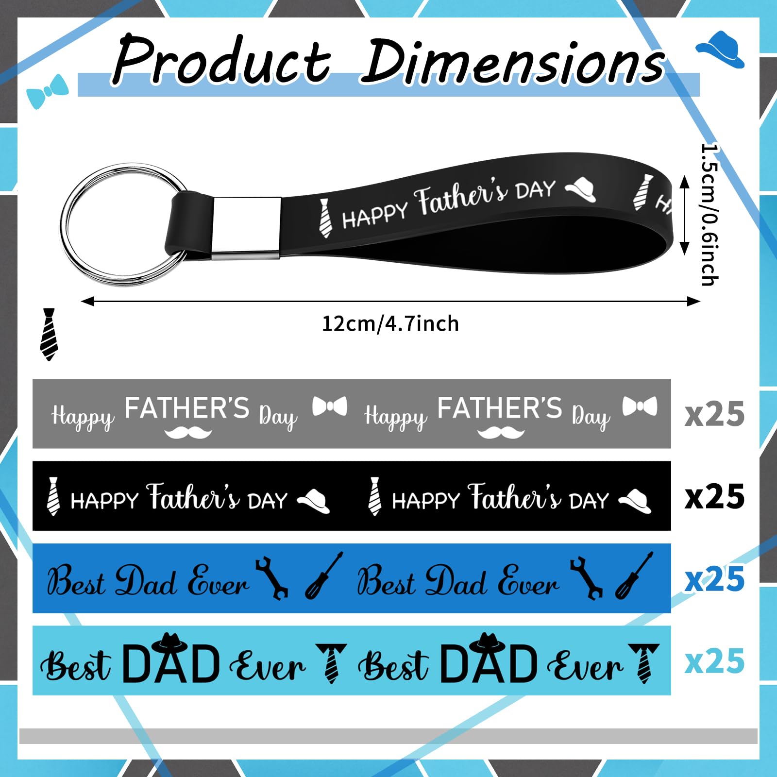 Konohan 100 Pcs Fathers Day Keychains Gifts Bulk Father's Day Church Gifts Silicone Wristbands Keychains for Dad Grandpa Men Appreciation Gift