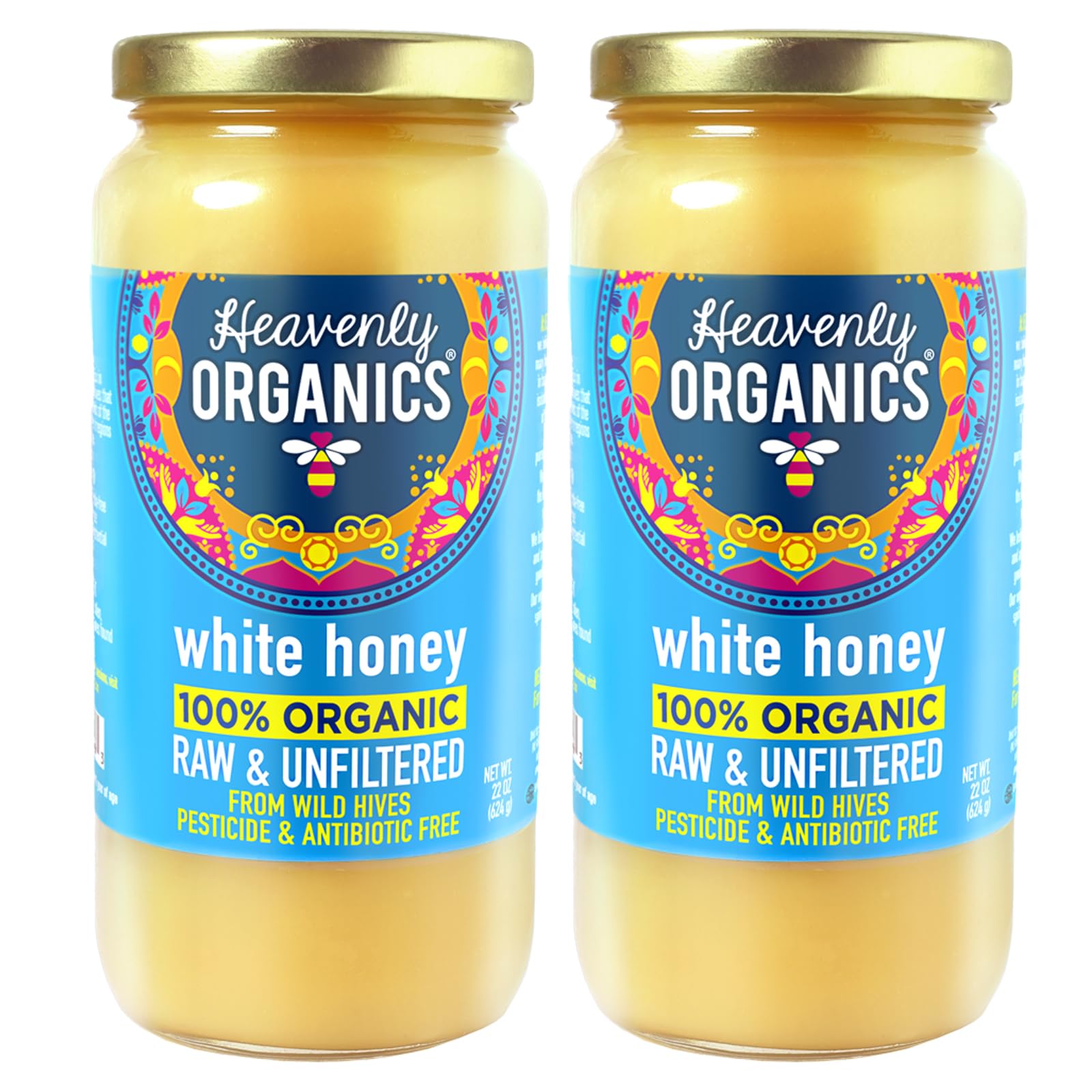 Heavenly Organics 100% Organic Raw White Honey 2 Pack - Size 22 OZ/Jar Lightly Filtered to Preserve Vitamins, Minerals and Enzymes; Made from Wild Beehives & Free Range Bees, Dairy, Nut, Gluten Free, Kosher, Chemical , Antibiotic and Glyphosate free