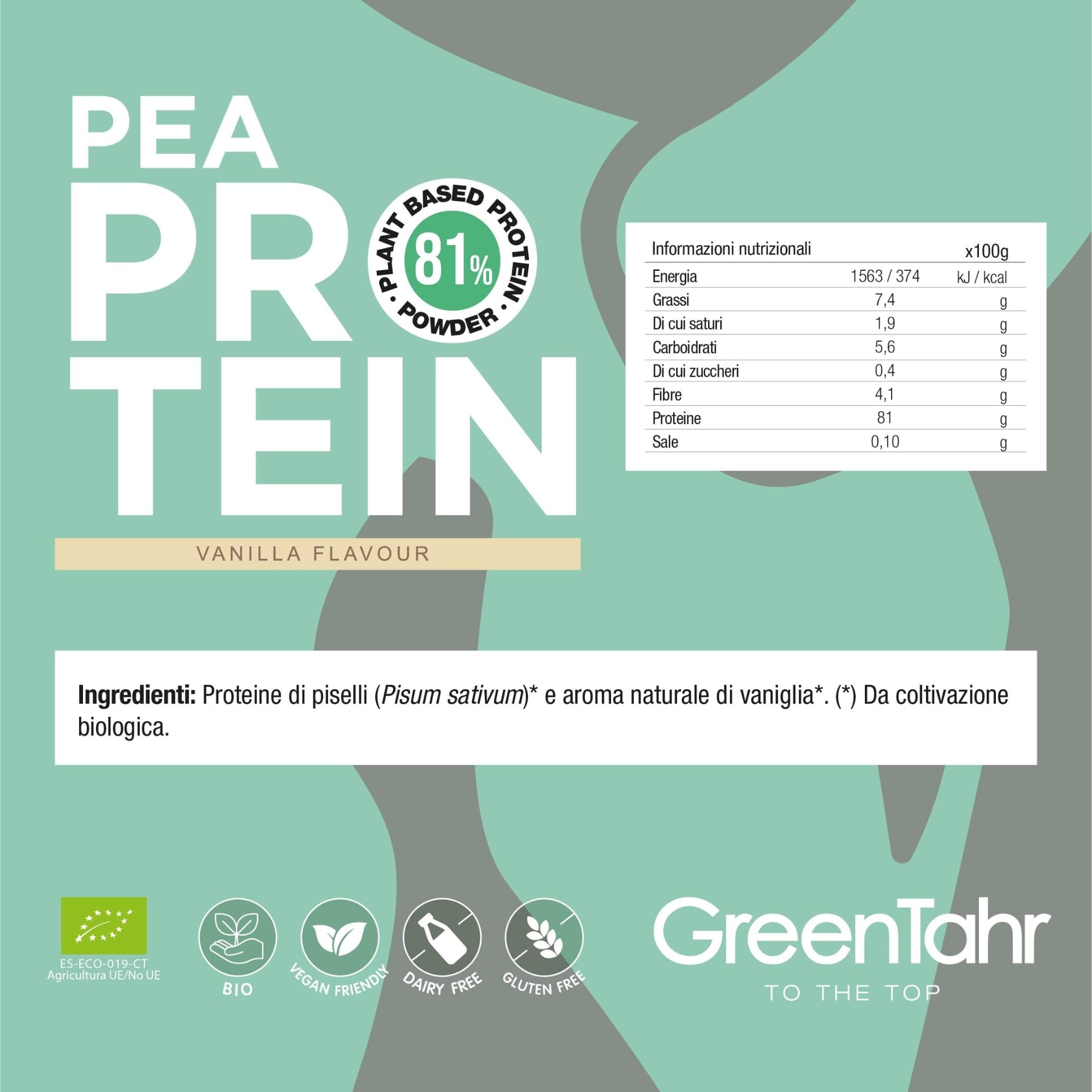 Green Tahr Proteine del Pisello in Polvere Bio al Gusto di Vaniglia 750g. 81% Proteine Vegane Vegetali per Aumento Massa Muscolare e Dimagrire. Senza Zucchero Aggiunto, Lattosio né Glutine