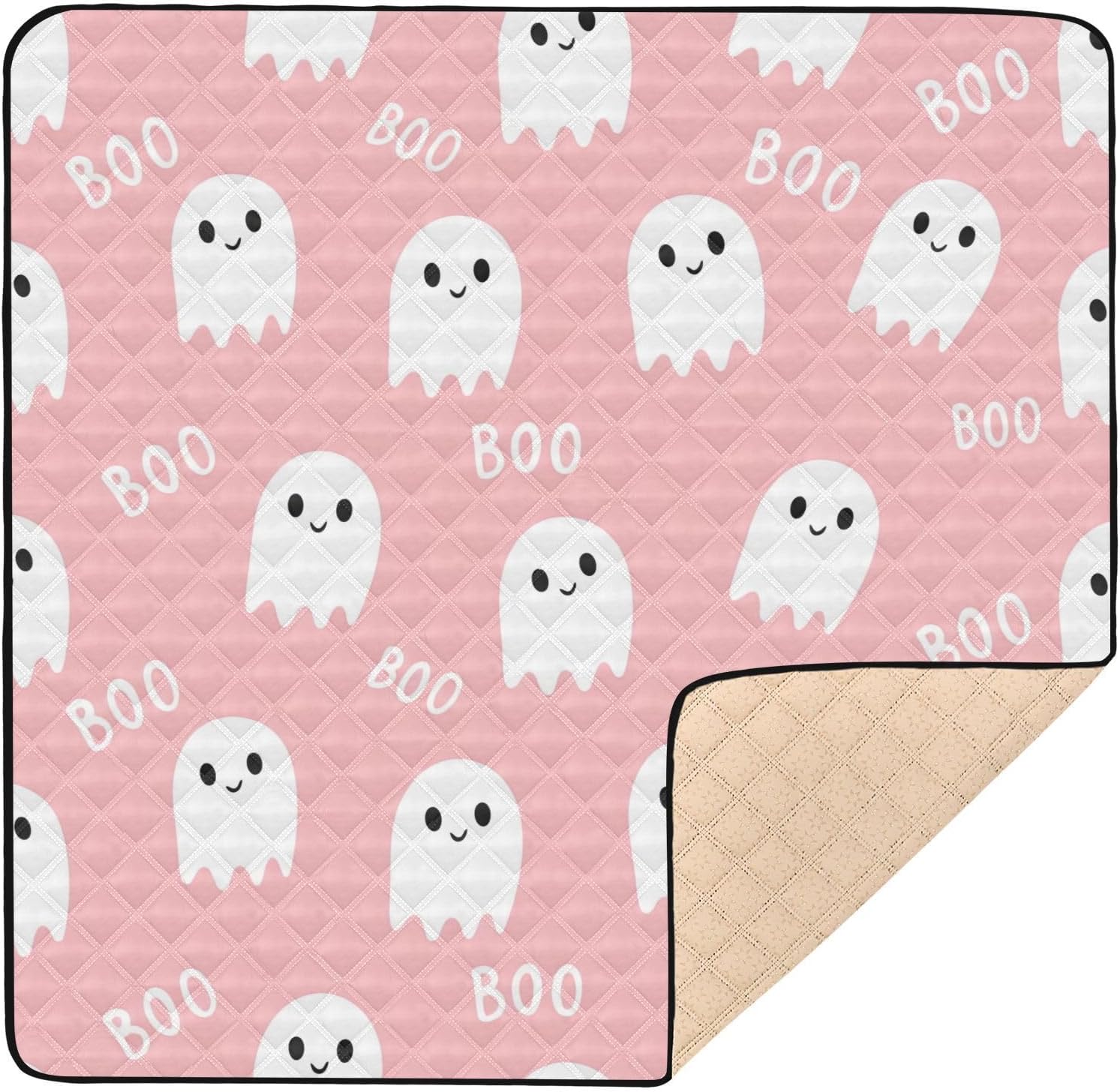 Doodle Cute Ghost Baby Play Mat, 50“ X 50” Washable Folding Crawling Mat, Baby Floor Mat, Soft, Non-Slip