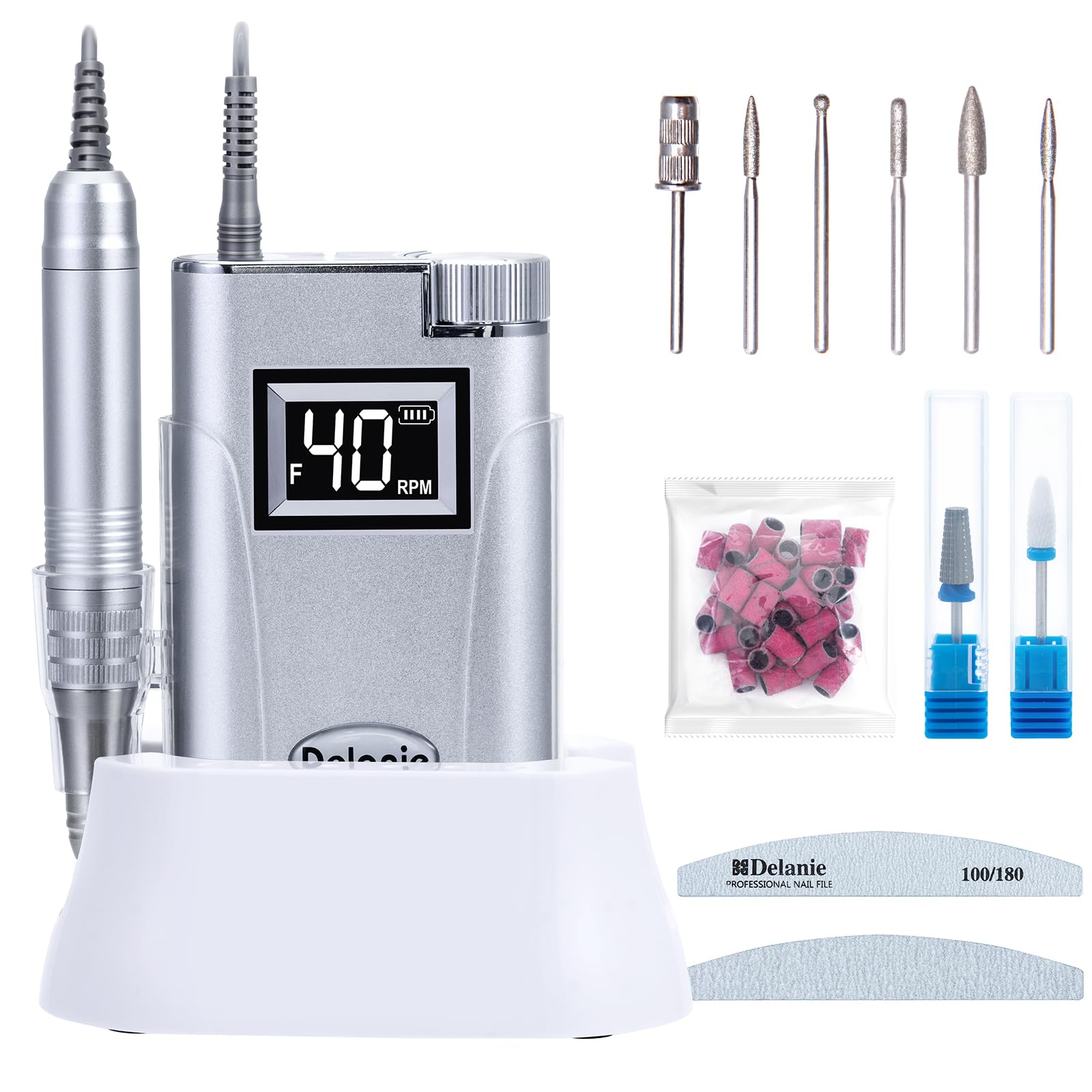 Delanie Torno para Uñas Profesional 40,000 RPM, Pulidora de Uñas sin Cable Recargable para Uñas de Acrílico y Gel, Incluye 8 Puntas, Perfecta para el Salón/Hogar, Plateada