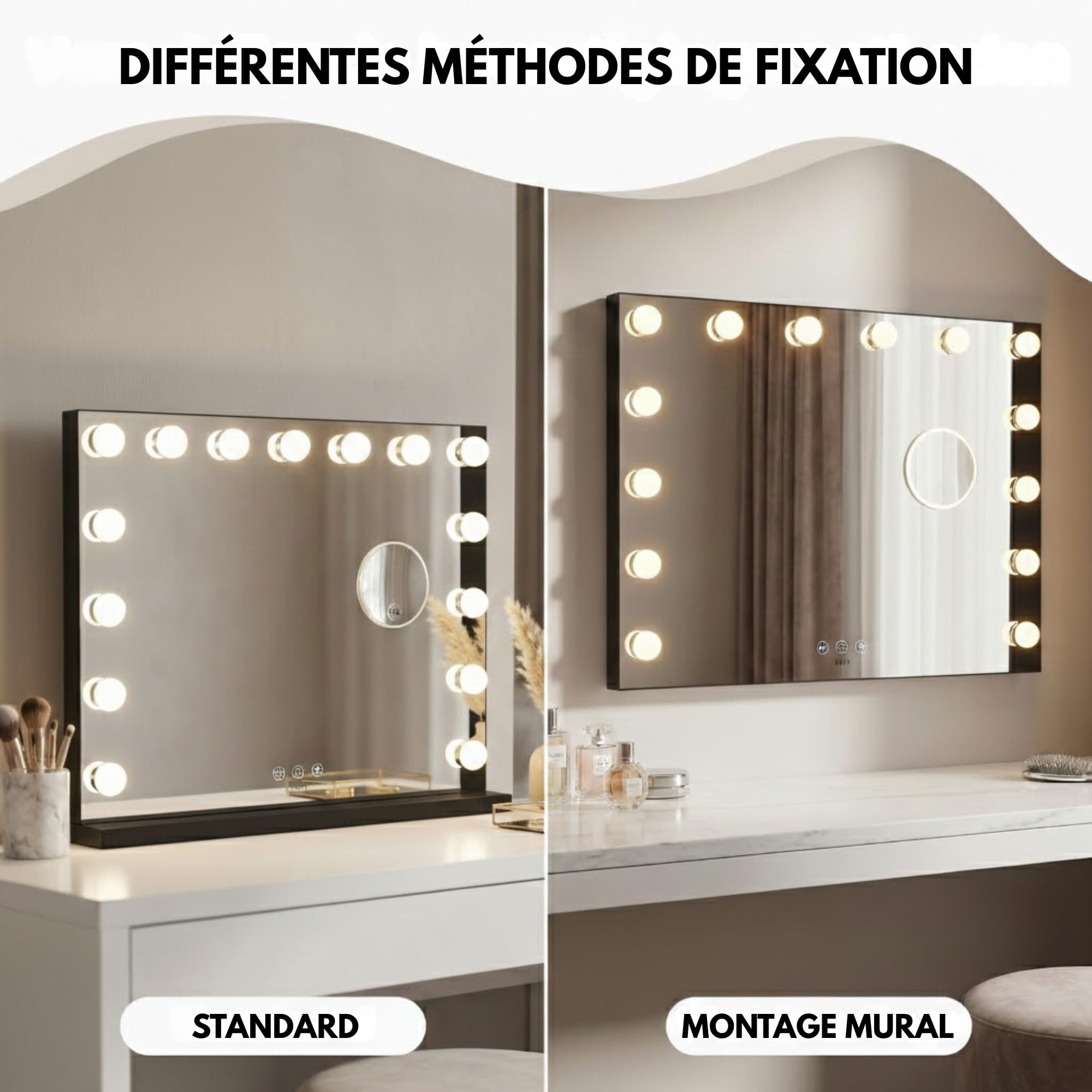 Bayt Miroir Maquillage Hollywood LED, 58 x 46 cm – Miroir Coiffeuse Lumineux avec 18 Ampoules Dimmables | 3 Couleurs de Lumière, Écran Tactile & Miroir Grossissant 10x, Noir