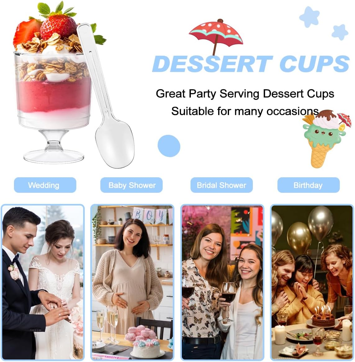 200 Pack Dessert Cups with Spoons,5Oz Clear Plastic Parfait Cup,Disposable Appetizer Cups Mini Shooter Cups for Fruit Ice Cream Mousse Pudding and Party - Image 3