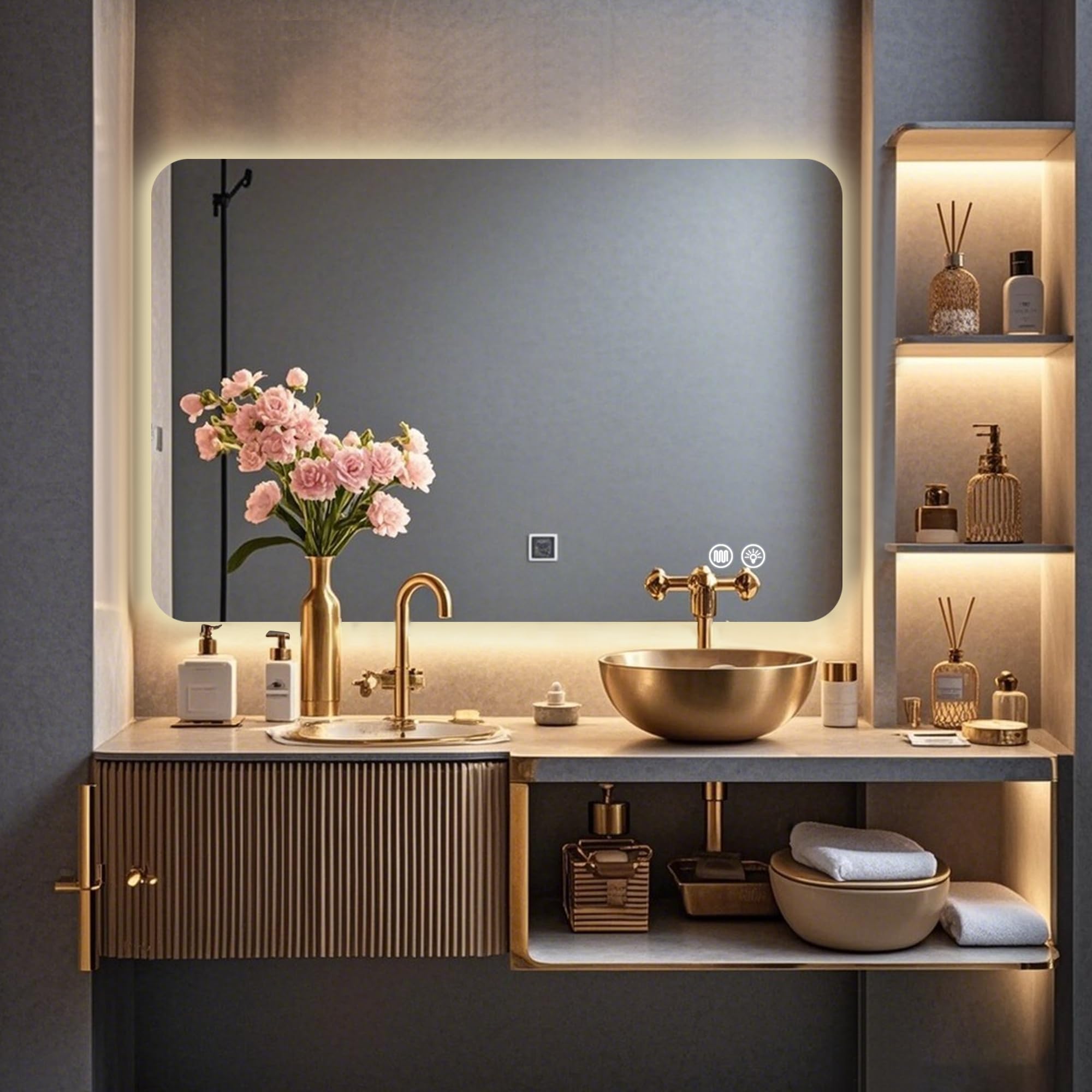 36X24inch Lighted Mirrors for Bathroom Wall Backlit Rectangular Rounded Corners, LED Bathroom Mirror Frameless with Lights Anti Fog, Dimmable, 3 Colors,Tempered Glass, Shatter-Proof