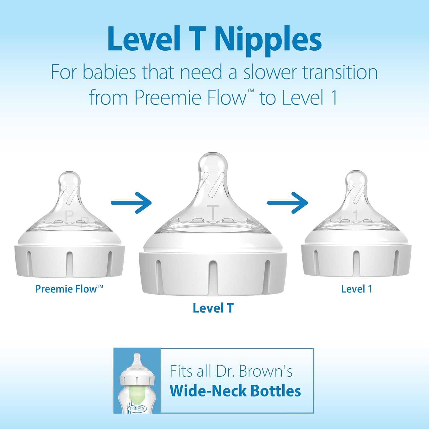 Dr. Brown's Natural Flow Level T Wide-Neck Baby Bottle Nipple, Slower Flow Rate for Infants, 100% Silicone Bottle Nipple, BPA Free, 0m+, 6-Pack