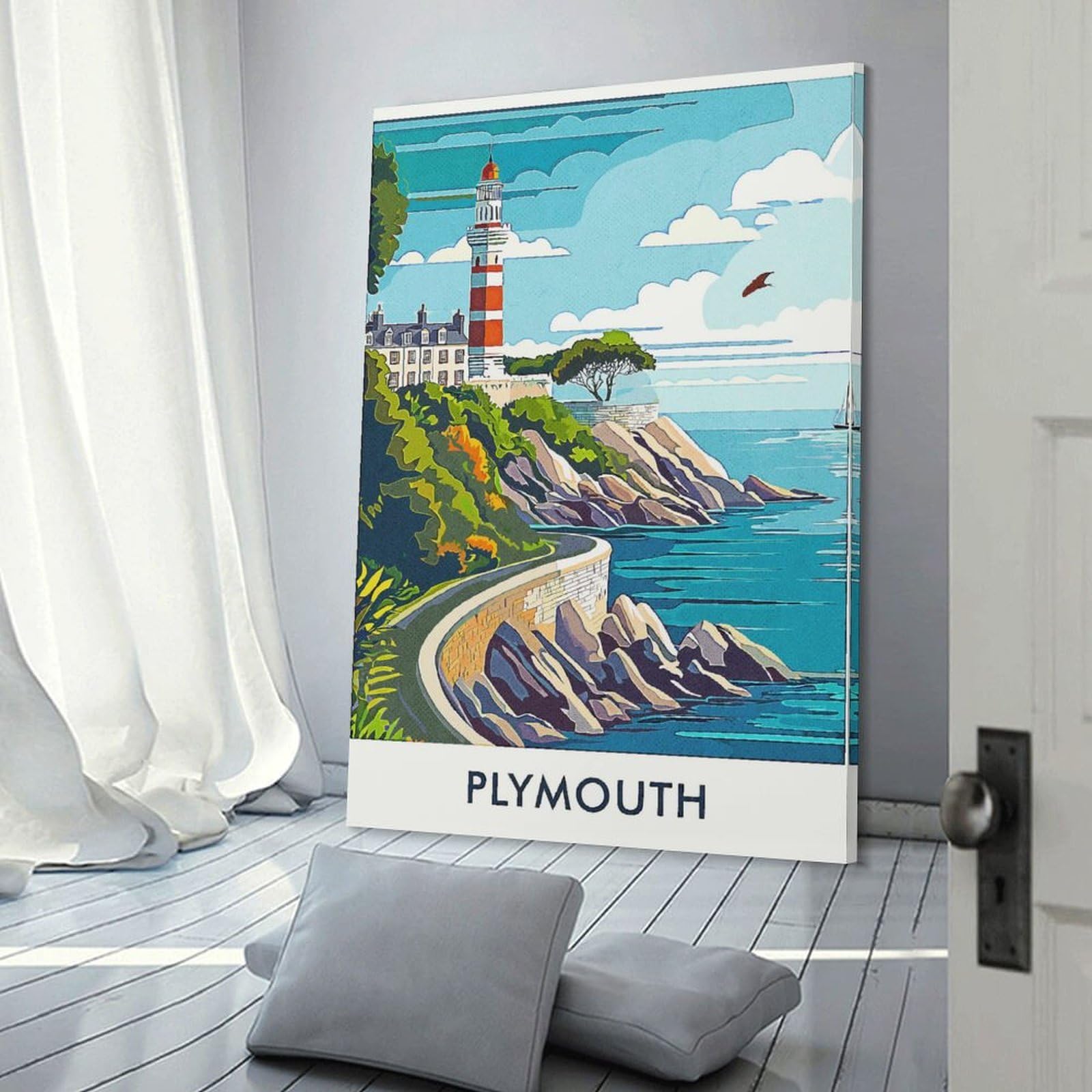 Junmoney Home Decor Wall Art Plymouth Lighthouse, 24x36inch(60x90cm), for Flats, Guest Rooms Or Compact Rooms, Wall Decor with Flexible Room Appeal