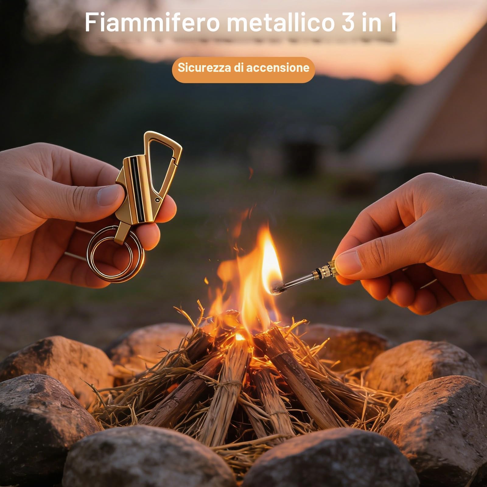Fiammiferi in metallo, pietra focaia accendino per fuoco, apribottiglie, portachiavi per auto, accendino ricaricabile a cherosene per esterni, attrezzatura di soccorso di emergenza (oro)