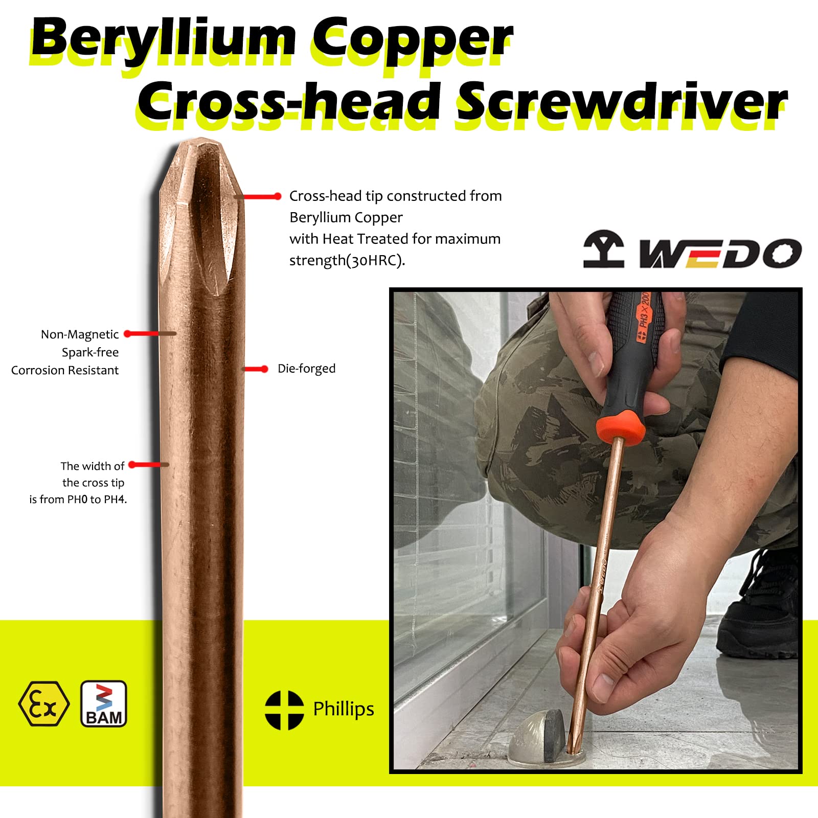 WEDO Cacciavite a croce antiscintilla con manici antiscivolo, cacciavite a croce di sicurezza senza scintille, rame al berillio, non magnetico, standard DIN, certificato BAM e FM, 550 mm