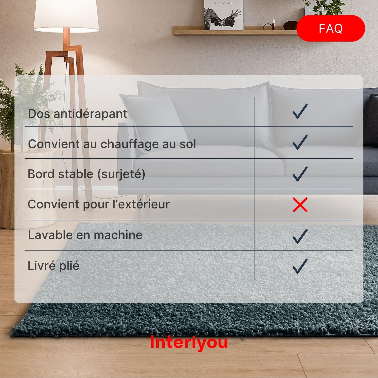 Interiyou Tapis Poils Longs Sofia - 60x120 Bleu - Moelleux et uni - Lavable et antidérapant - Fibres Douces pour Salon, Salle à Manger, Cuisine, Couloir
