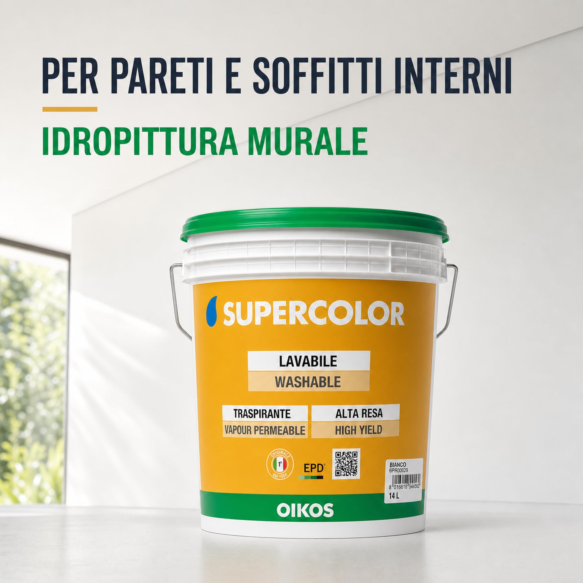 Oikos – Supercolor Pittura Opaca Bianca per Interni – 14 L – 6PR00029