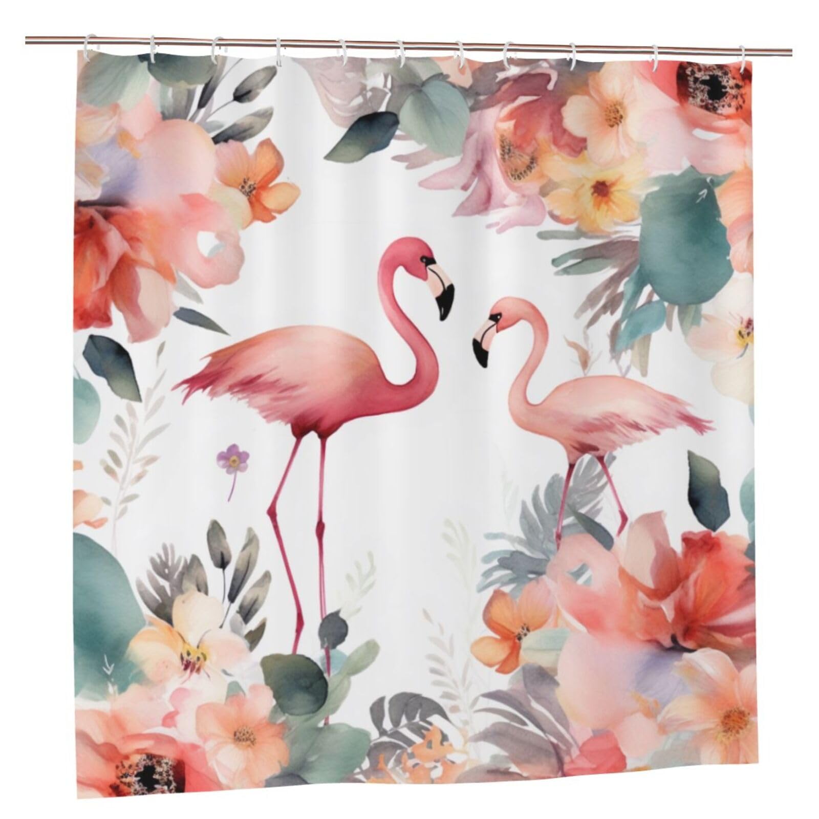 BWWHCCTI Floral with Flamingo Printed Shower Curtain With 12 Plastic Hooks Opaque Quick Drying Waterproof Shower Curtains Sets For Bathroom 183x183 CM