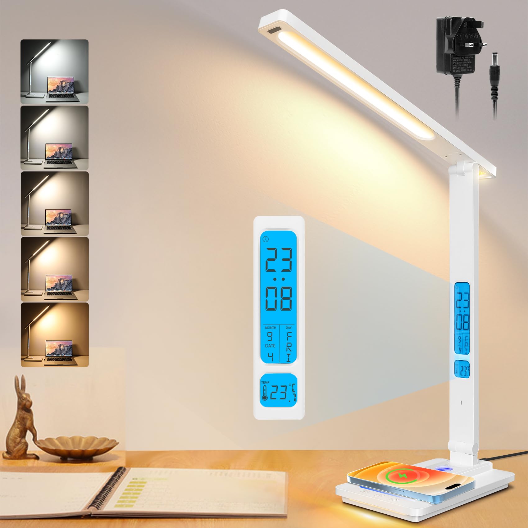 LED Desk Lamp with Wireless Charger, USB Charging Port, Dimmable Desk Light with Clock, Alarm, Date, Temperature, Eye-caring Table Lamp for Home Office Reading Study Bedroom, 45-Min Timer