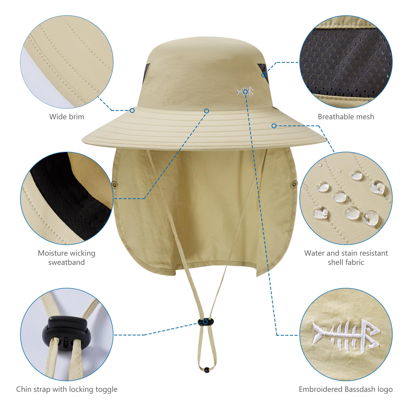Bassdash Cappello da Sole Traspirante UPF 50+ con copriviso Rimovibile e paranuca Cappello a Secchiello a Tesa Larga Resistente all'Acqua per la Pesca, l'escursionismo e l'outdoor, Uomo e Donna