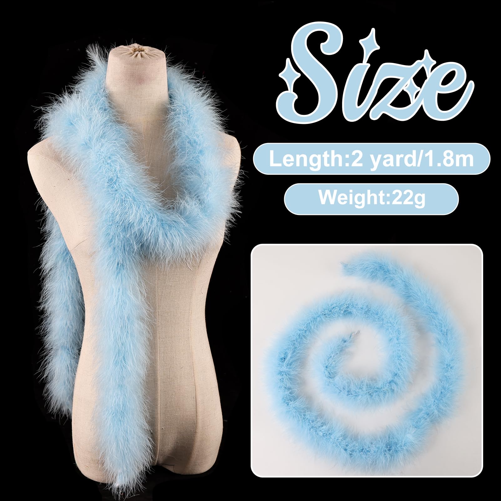 whitefeather Light Blue Fluffy Marabou Feather Boa-Turkey Feathers-6.3ft for DIY Crafts Wedding Party, Sewing Trim Home,Halloween Party Decoration