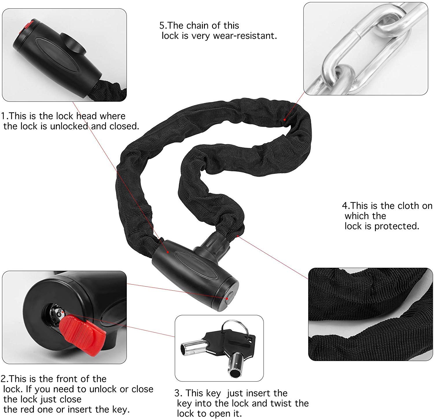 Antivol Vélo Chaîne 10mm - 98cm Acier Manganèse - Housse Nylon Protectrice - Pour Vélos/Motos