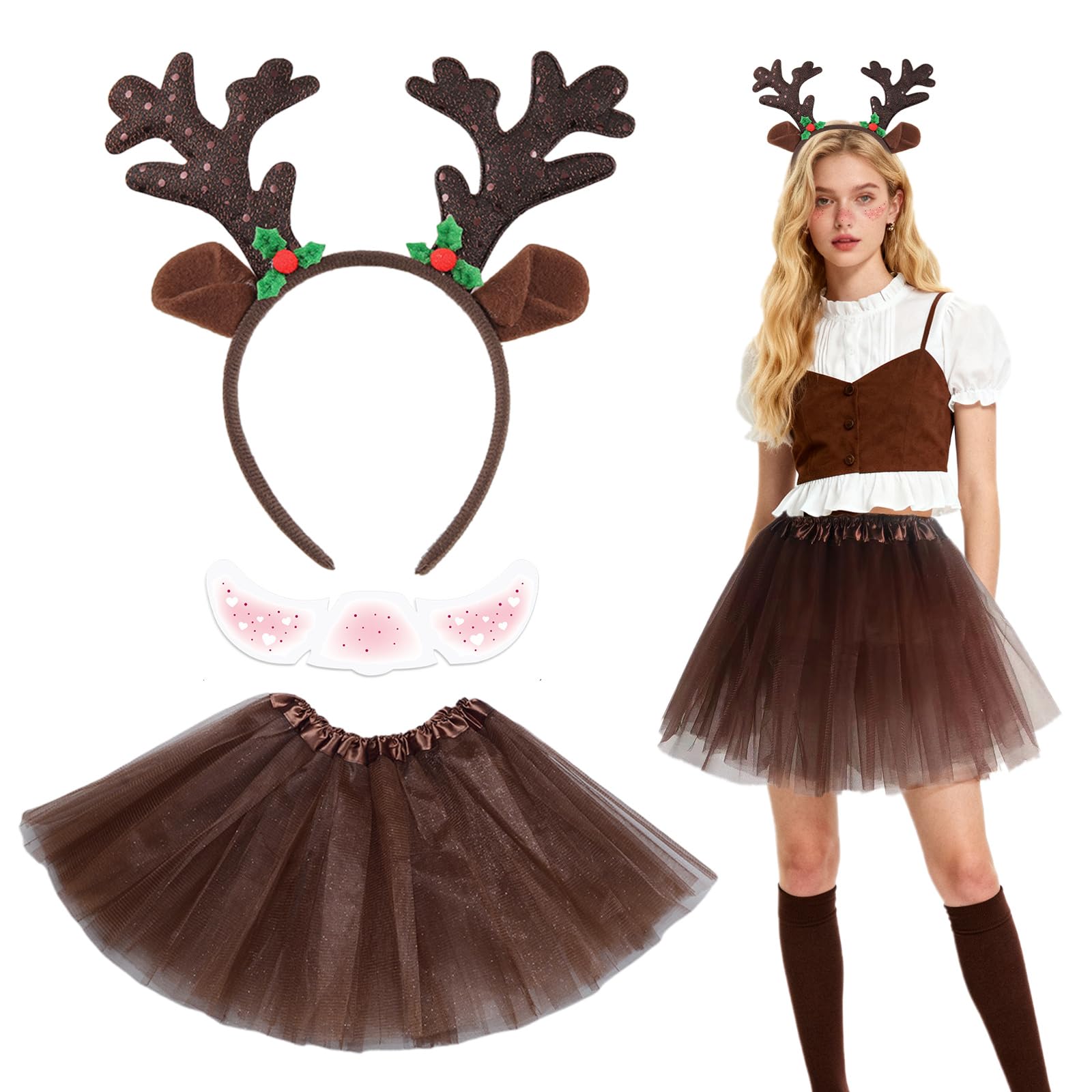 SAIIURV 3 Pcs Reindeer Costume Adult Tutu Skirt with Reindeer Headband Temporary Tattoos Animal Costume Fancy Dress Up