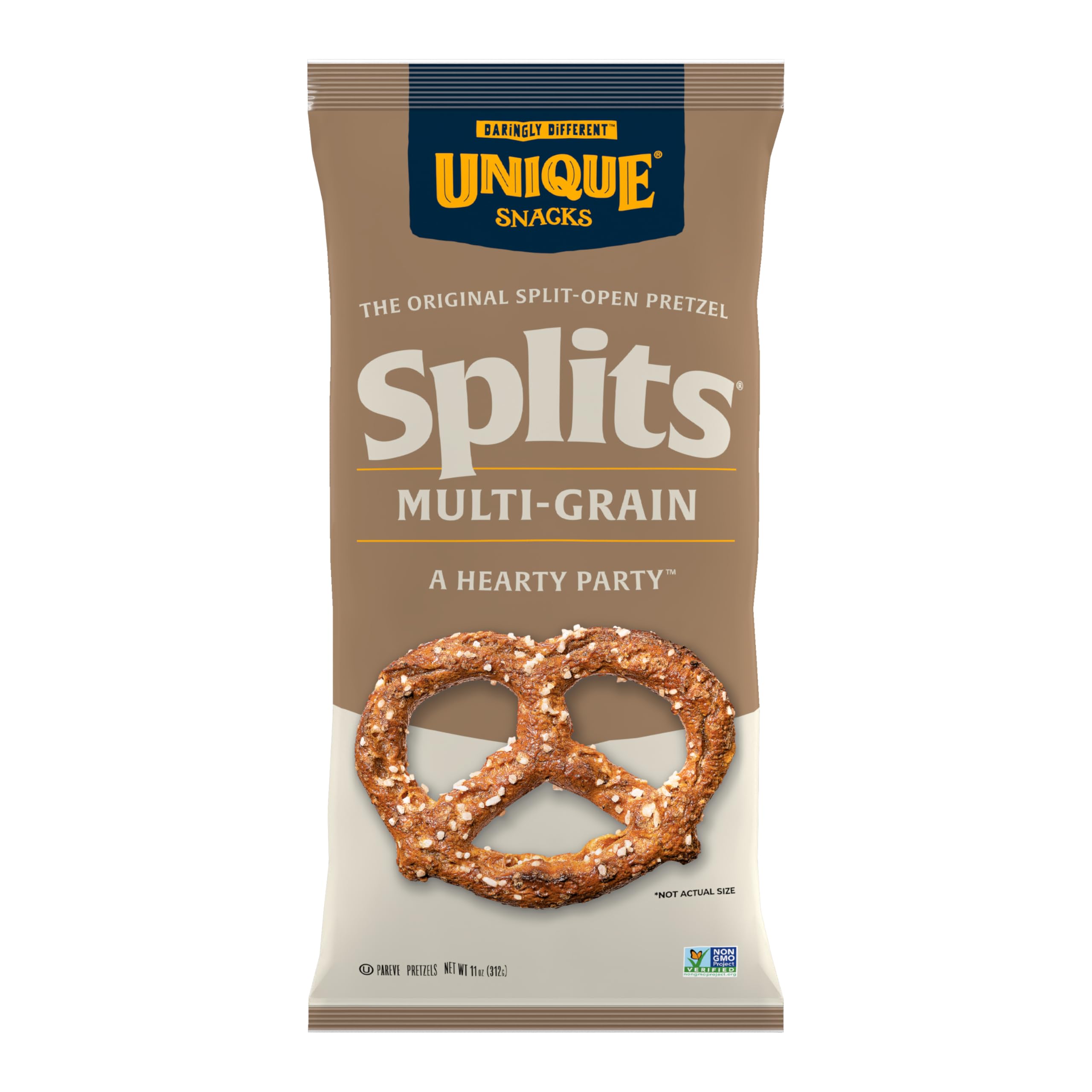 Unique Snacks Multi-Grain Splits Pretzel, Delicious Homestyle Baked Snack Bag, Vegan, OU Kosher, and Non-GMO Food, No Artificial Flavor, 11 Oz. Bag, Pack of 12