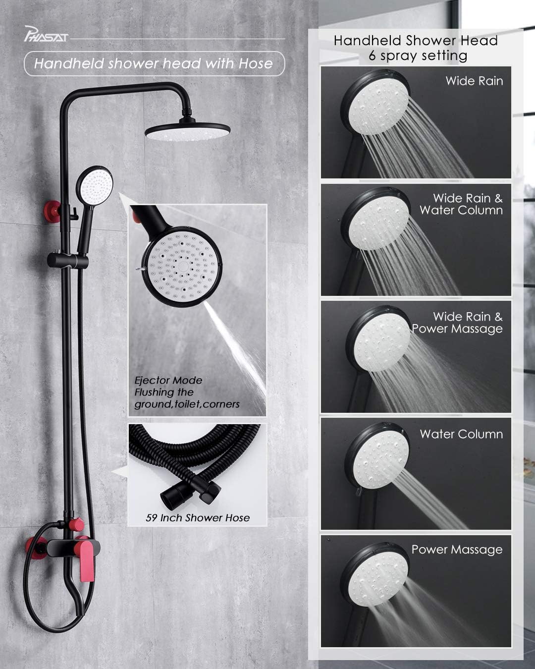 Best Cyber Monday 🔥 PHASAT Shower Fixtures Brass Bathroom Faucet Set with ABS Rainfall Showerhead,ABS Handheld Shower Wall Mount Adjustable Shower Bar 3 Function Matte Black Red,PTSR02U