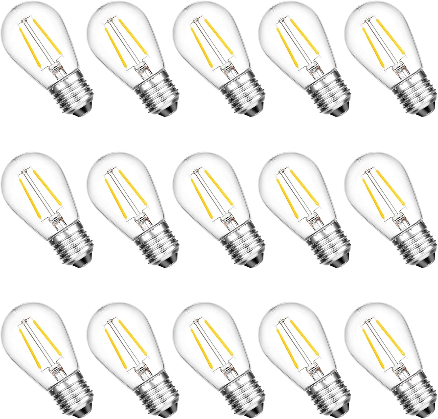 Upgrade IP65 Waterproof Outdoor String Light Bulbs, ECOVANIA 2W LED S14 Replacement Shatterproof Plastic Edison Light Bulbs, 130v E26 Medium Base, 2200K Warm White, 11 Watt Equivalent, Clear, 15 Pack